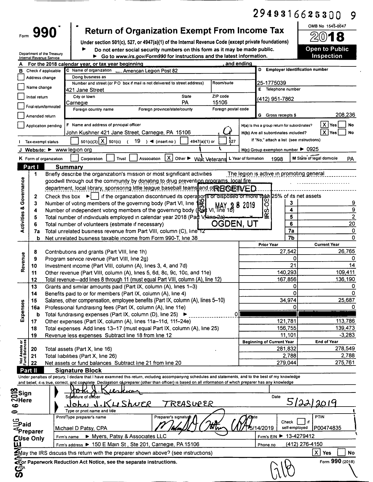 Image of first page of 2018 Form 990O for American Legion - 0082 D Paulson Foster Post