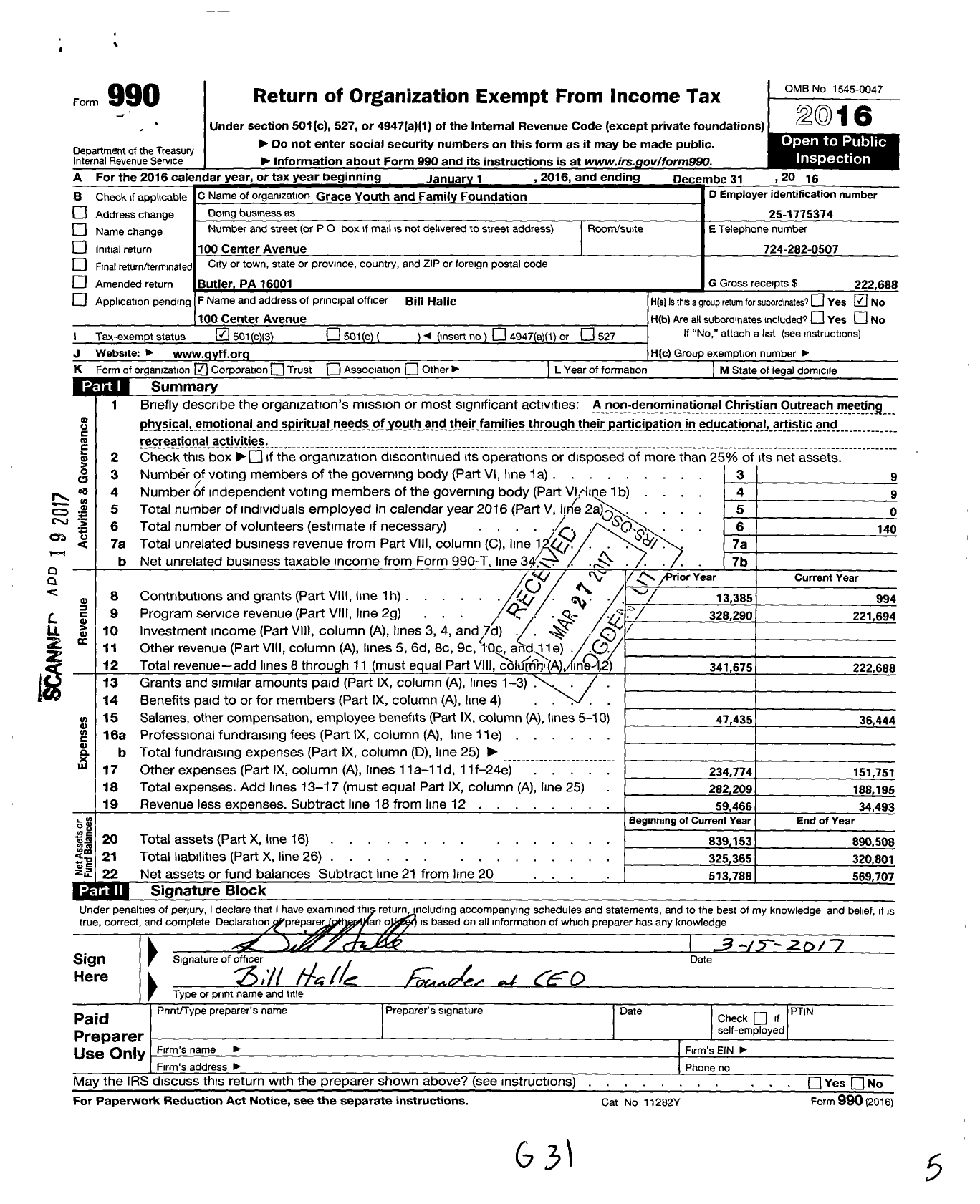 Image of first page of 2016 Form 990 for Grace Youth and Family Foundation