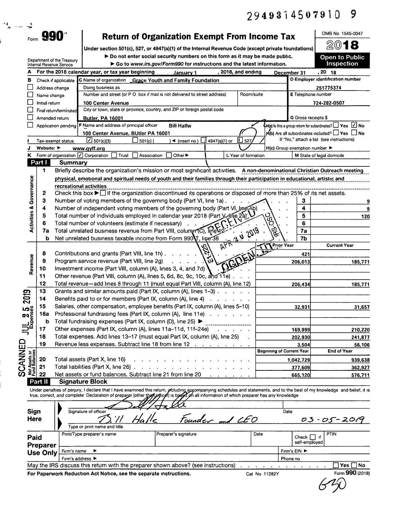 Image of first page of 2018 Form 990 for Grace Youth and Family Foundation