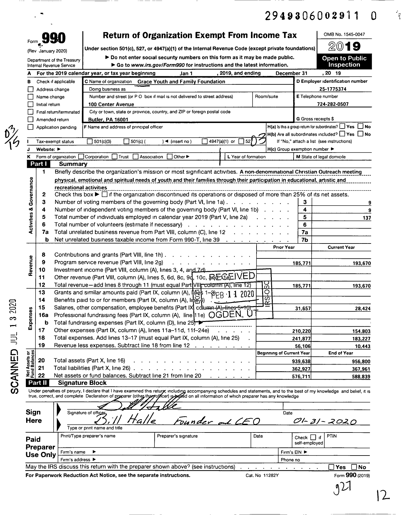 Image of first page of 2019 Form 990 for Grace Youth and Family Foundation