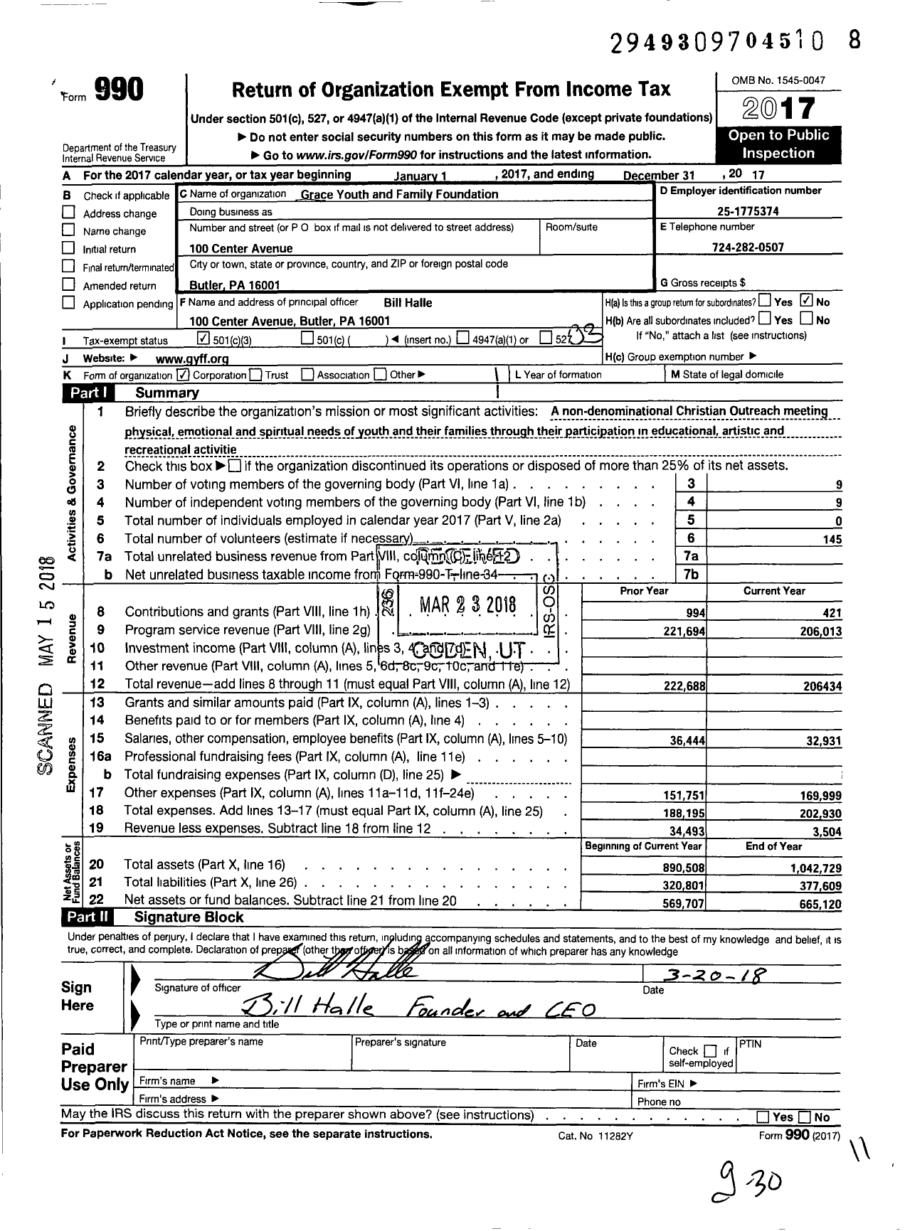 Image of first page of 2017 Form 990 for Grace Youth and Family Foundation