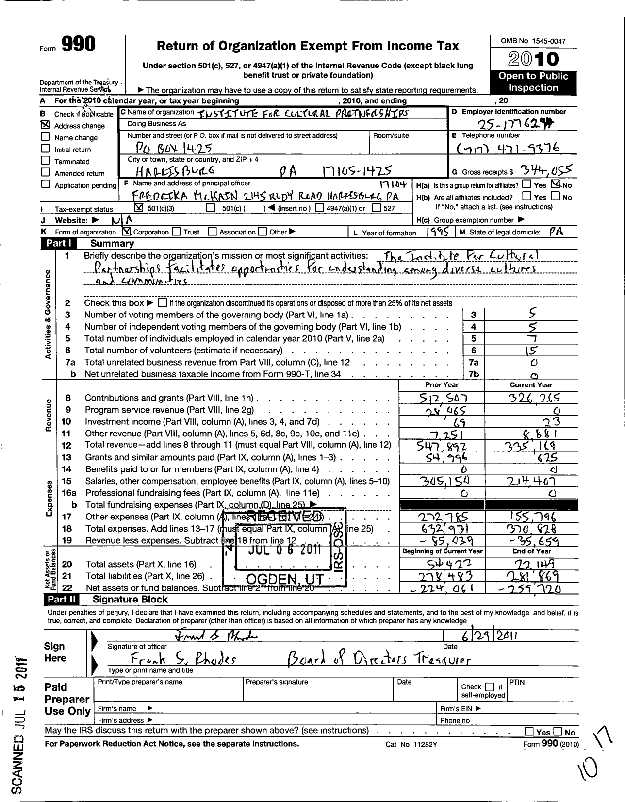 Image of first page of 2010 Form 990 for Institute for Cultural