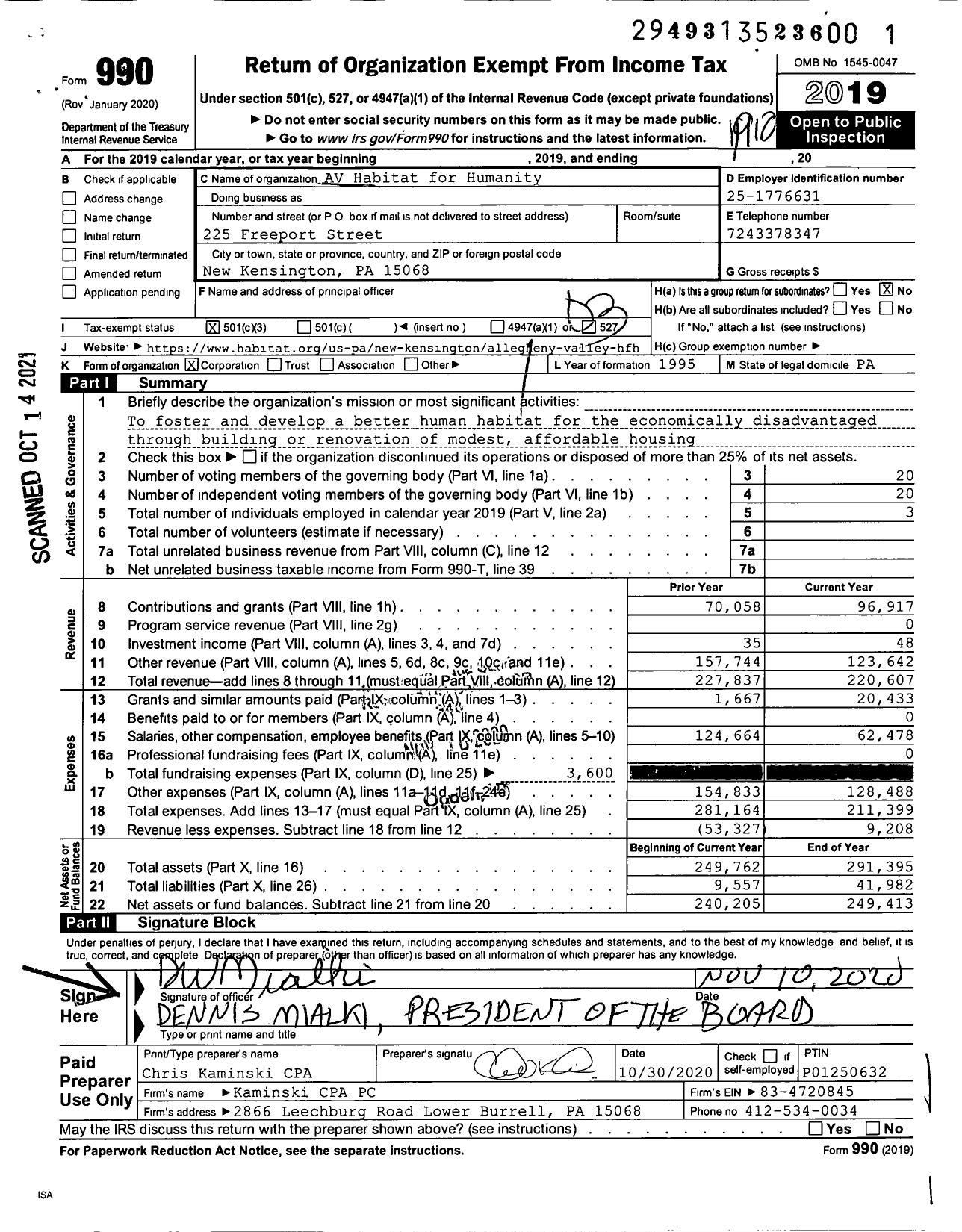 Image of first page of 2019 Form 990 for Habitat for Humanity - Allegheny Valley