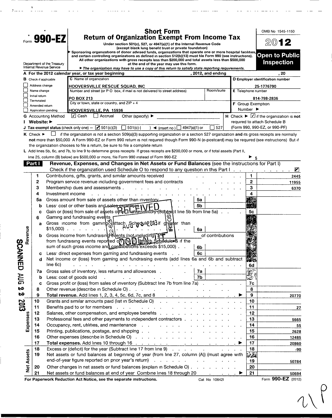 Image of first page of 2012 Form 990EZ for Hooversville Resque Squad