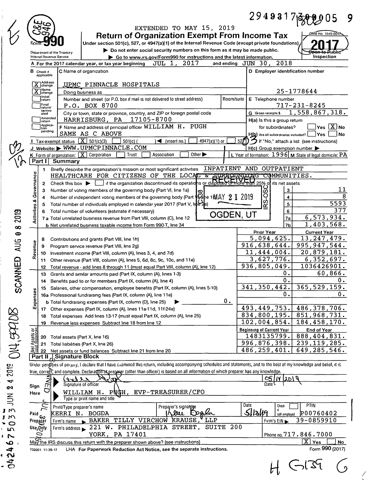 Image of first page of 2017 Form 990 for Upmc Pinnacle Hospitals