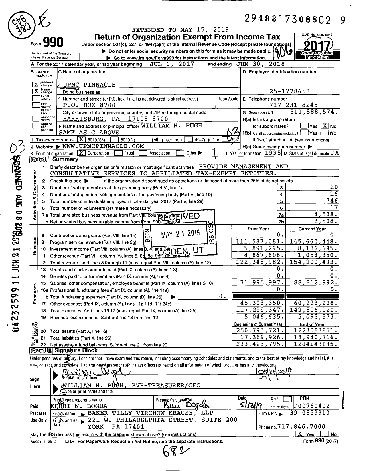 Image of first page of 2017 Form 990 for UPMC Pinnacle
