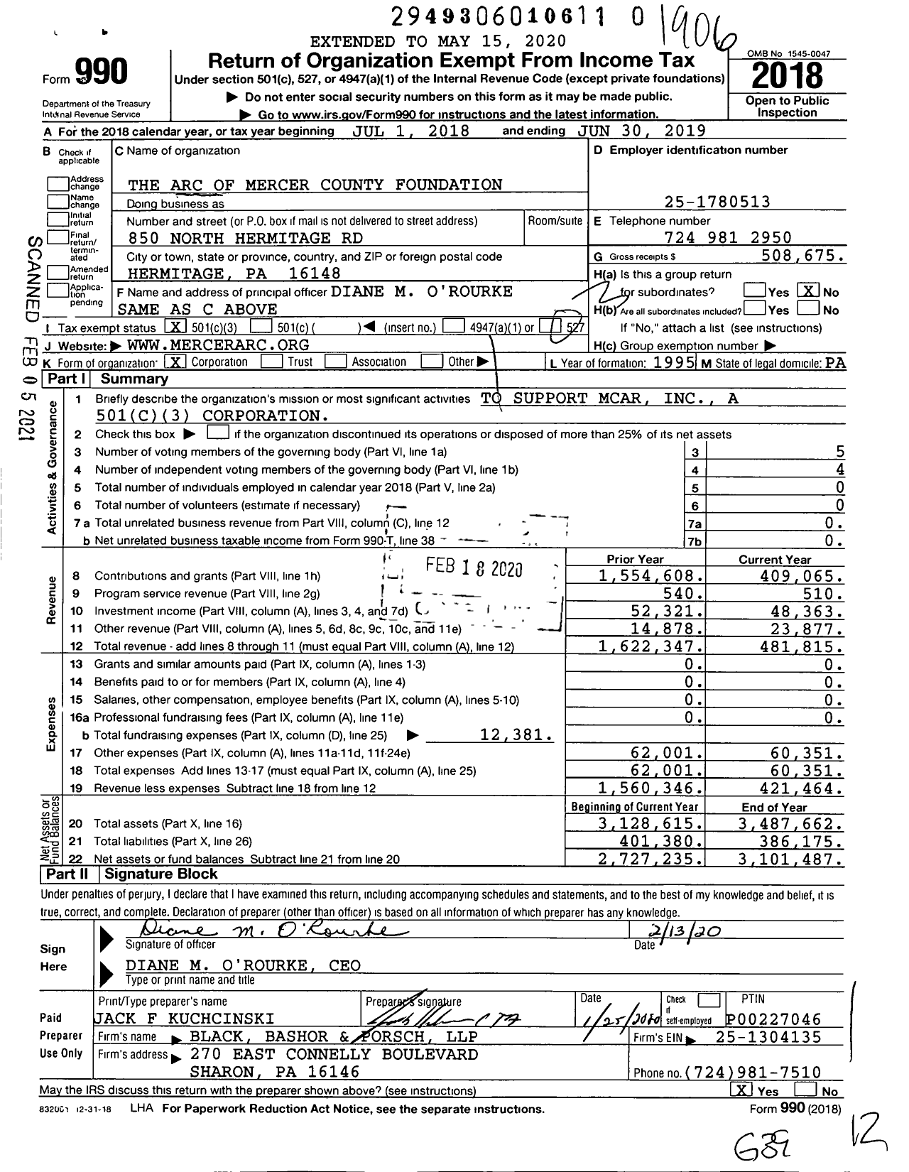 Image of first page of 2018 Form 990 for The Arc of Mercer County Foundation