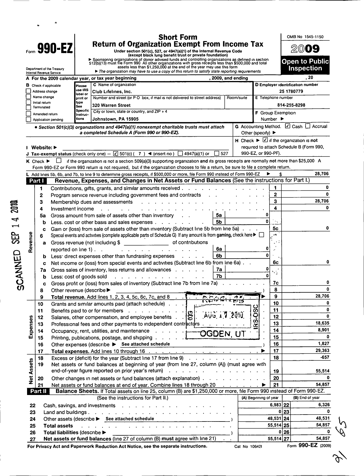 Image of first page of 2009 Form 990EO for Club Lifelines