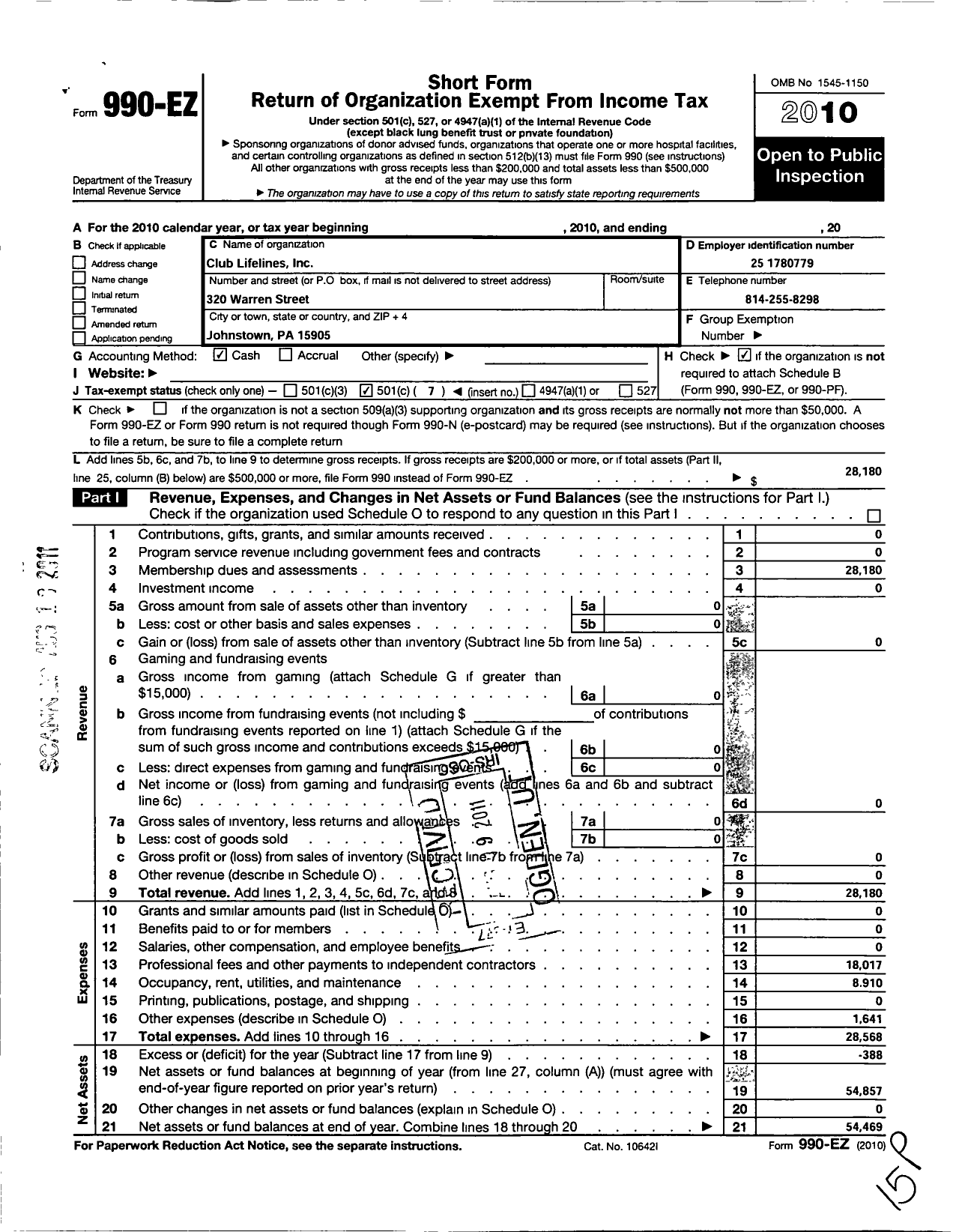 Image of first page of 2010 Form 990EO for Club Lifelines