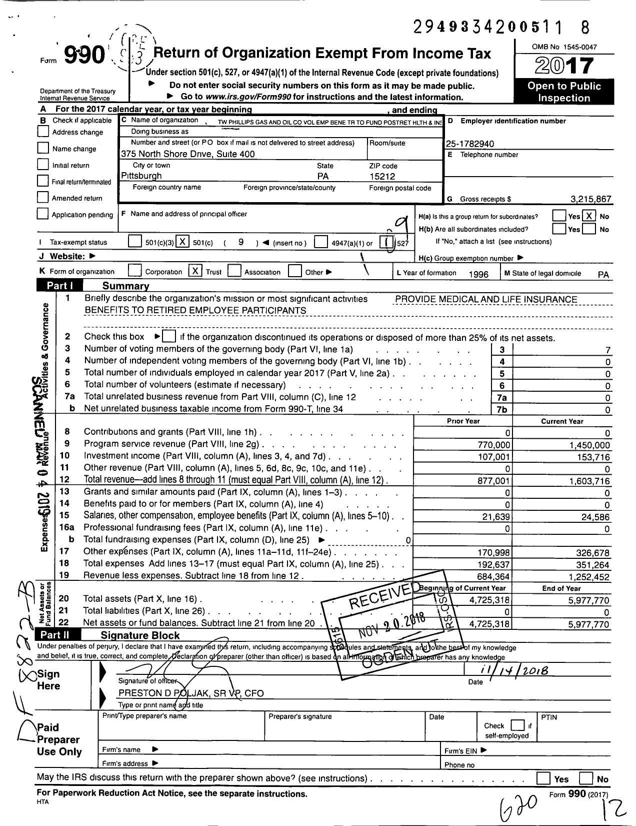 Image of first page of 2017 Form 990O for TW Phillips Gas and Oil Vol Emp Bene TR To Fund Postret HLTH and Ins