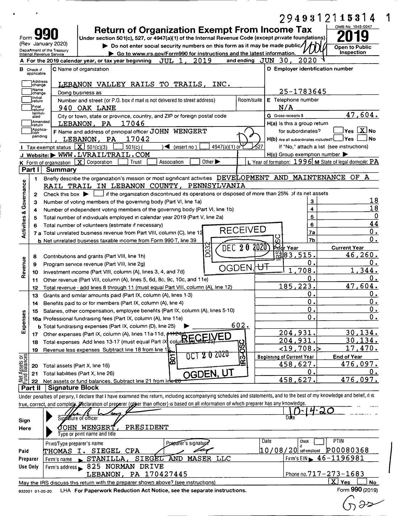 Image of first page of 2019 Form 990 for Lebanon Valley Rails To Trails