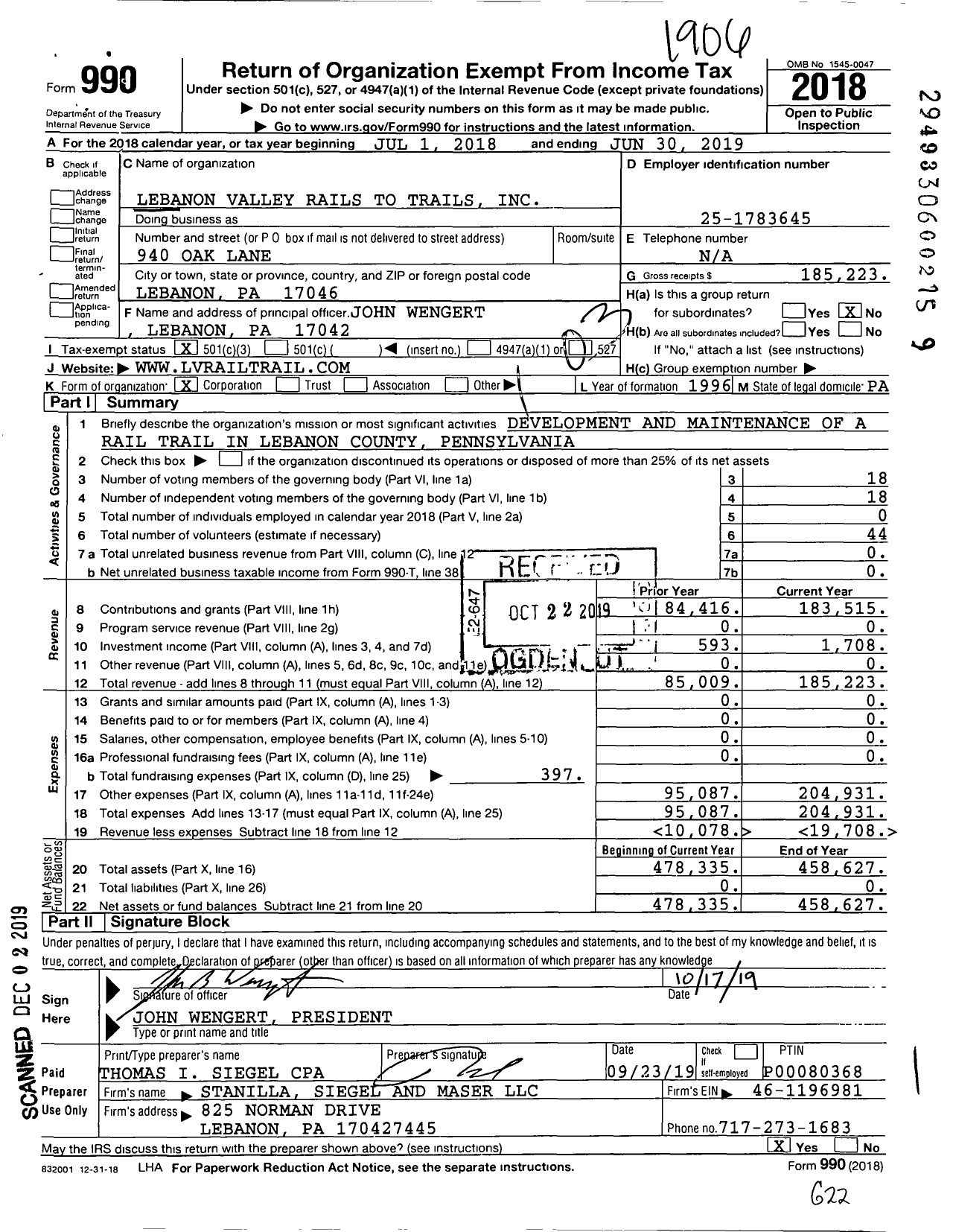 Image of first page of 2018 Form 990 for Lebanon Valley Rails To Trails