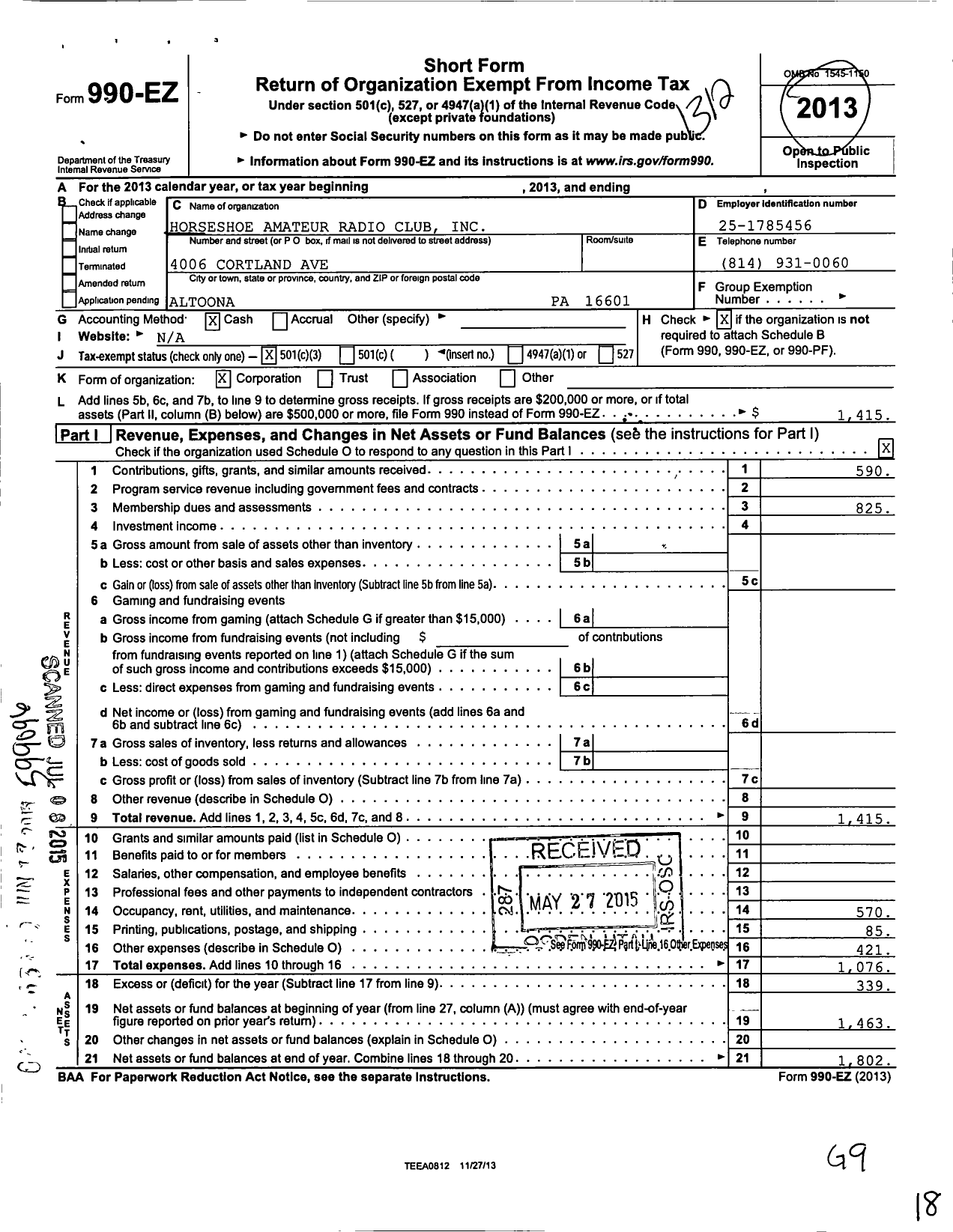 Image of first page of 2013 Form 990EZ for Horseshoe Amateur Radio Club