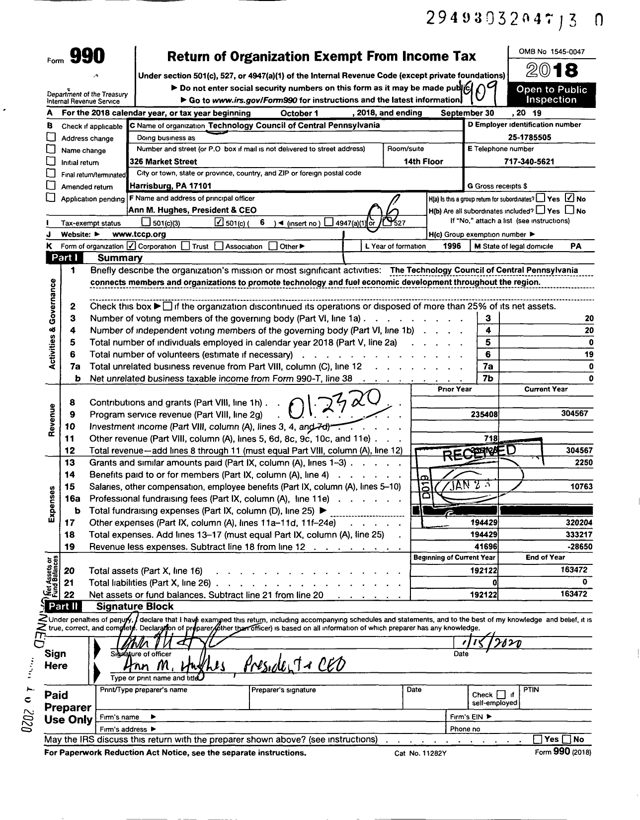 Image of first page of 2018 Form 990O for Technology Council of Central Pennsylvania