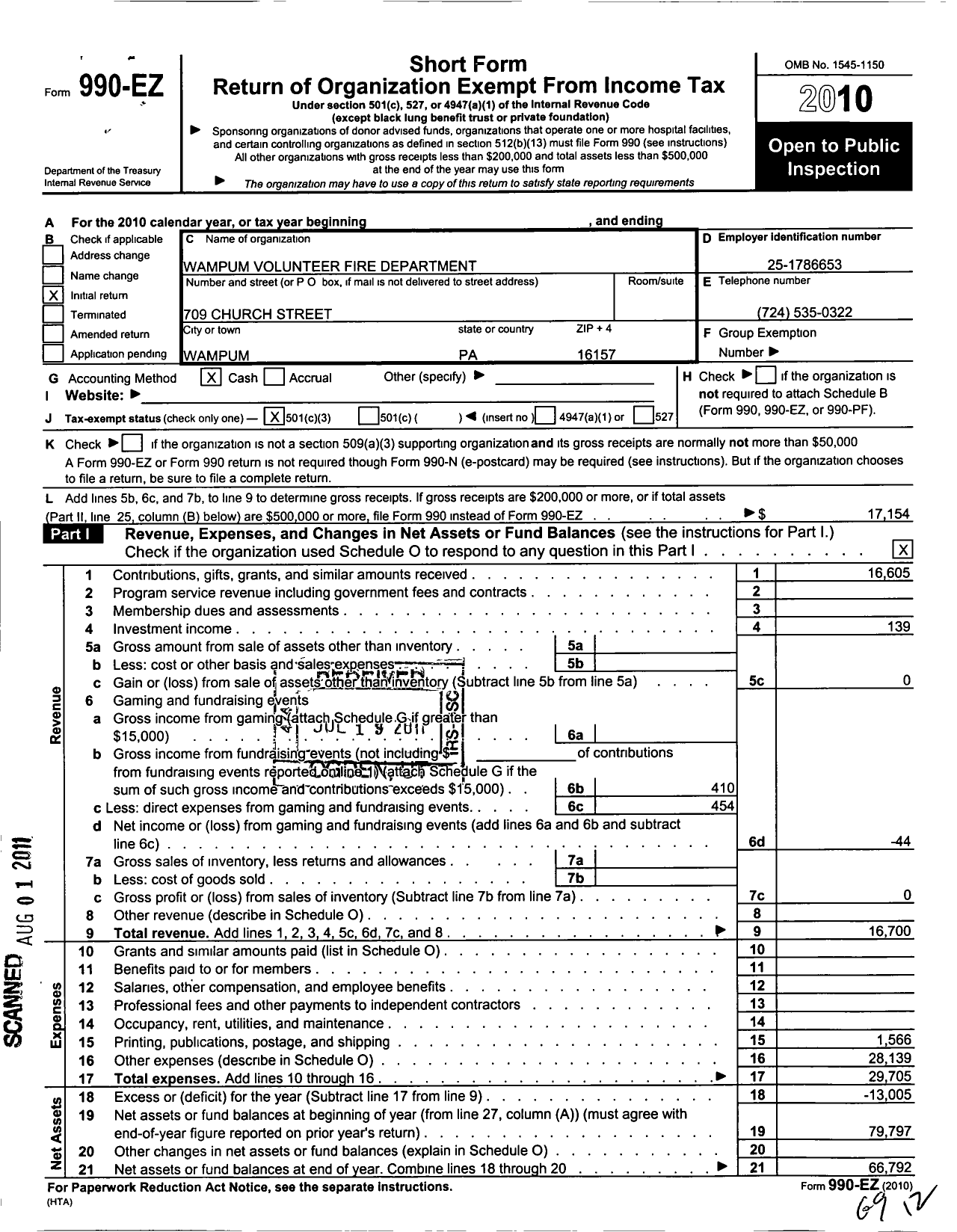 Image of first page of 2010 Form 990EZ for Wampum Volunteer Fire Department