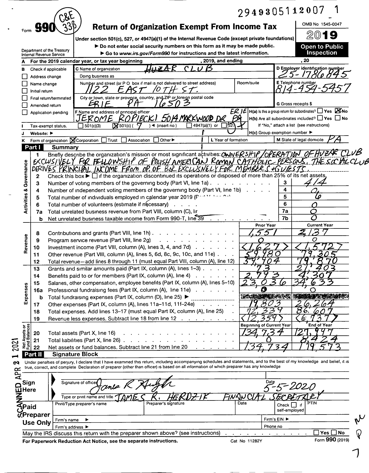 Image of first page of 2019 Form 990O for Huzar Club