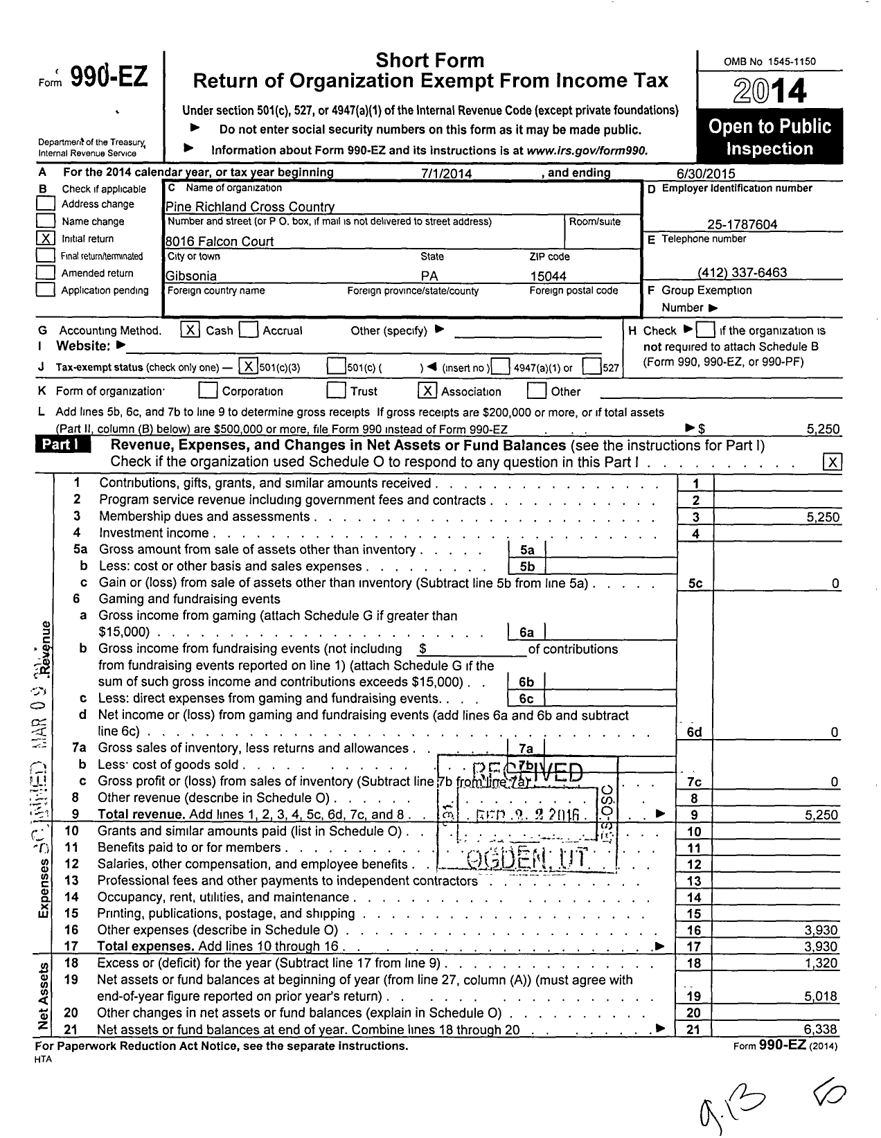 Image of first page of 2014 Form 990EZ for Pine-Richland Unified Booster Organization / Pine-Richland Cross Country