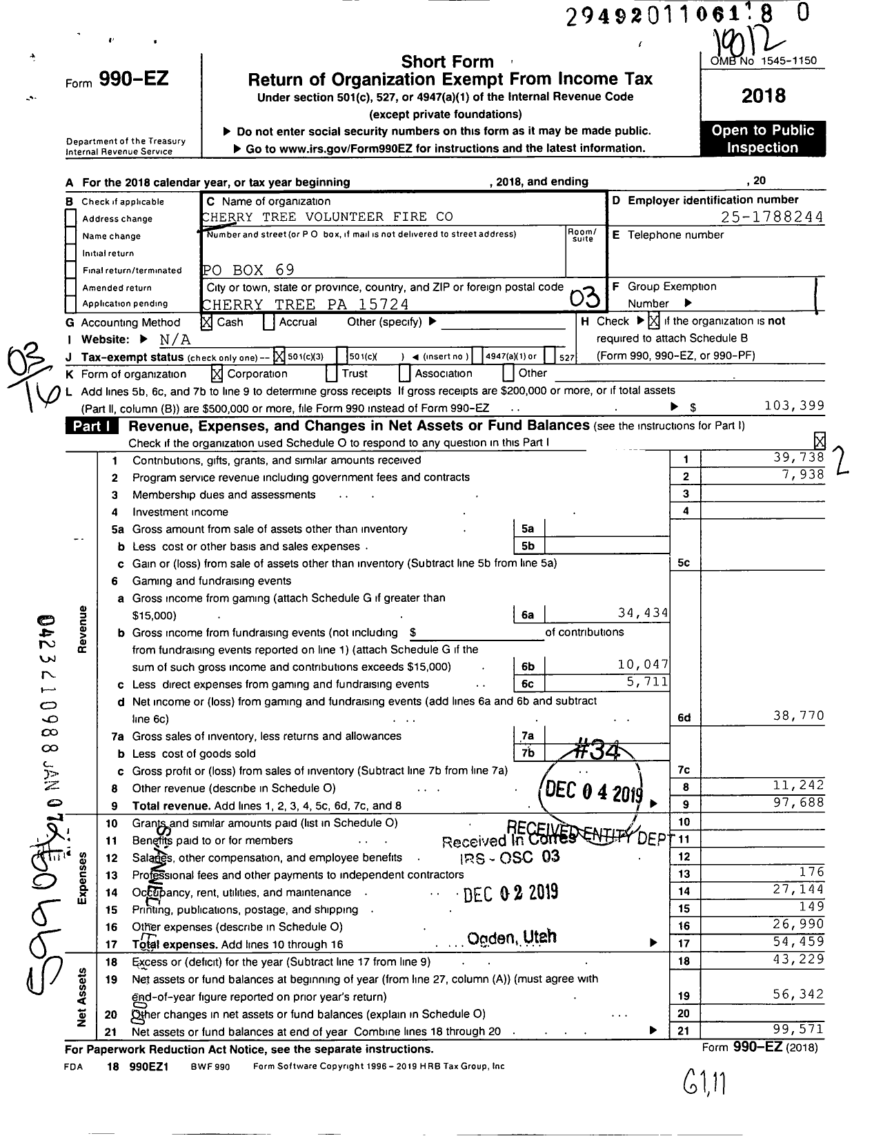 Image of first page of 2018 Form 990EZ for Cherry Tree Volunteer Fire