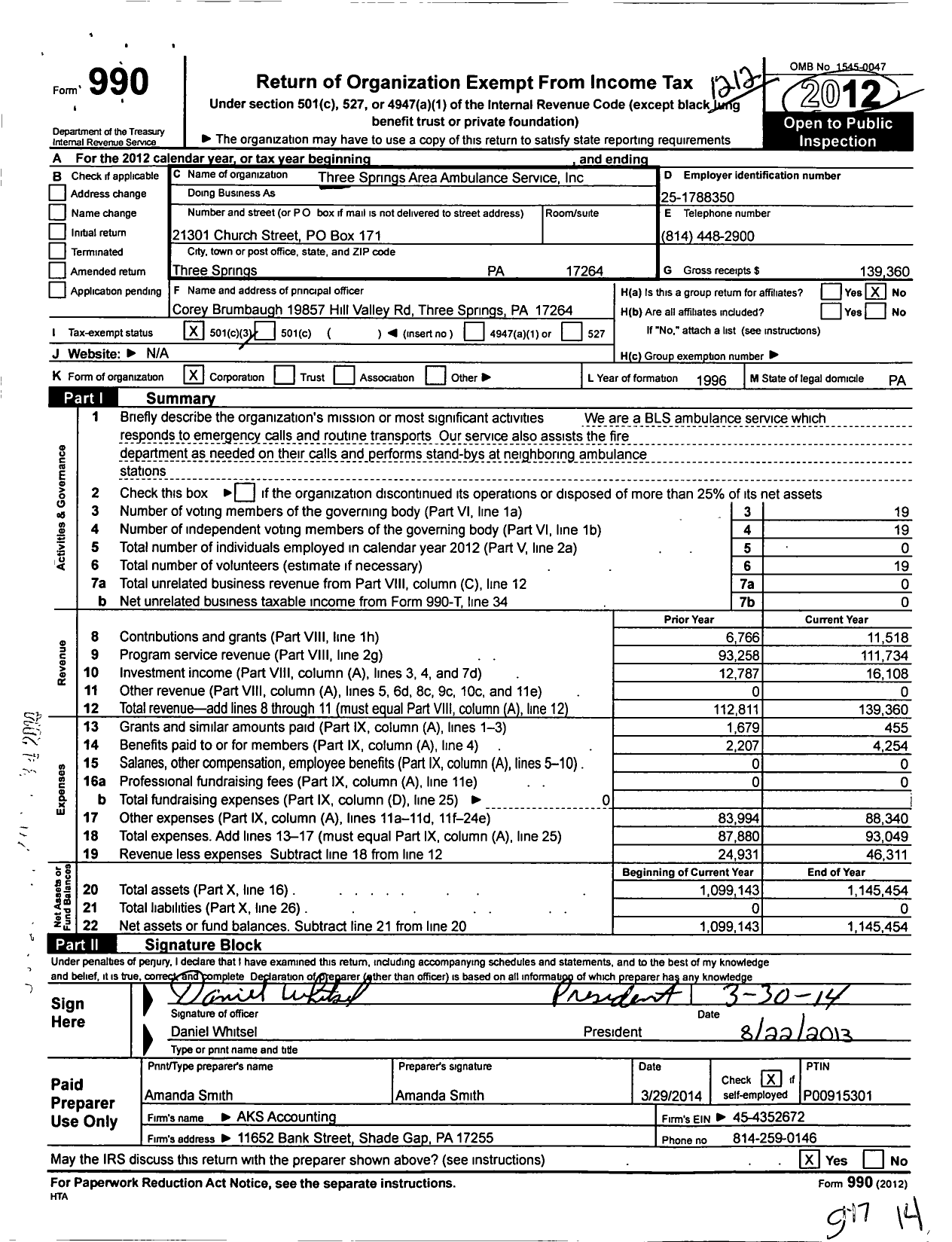 Image of first page of 2012 Form 990 for Three Springs Area Ambulance Service