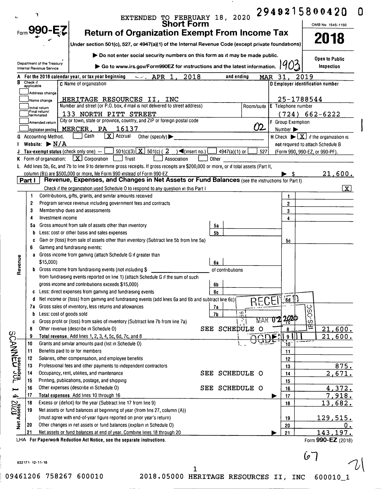 Image of first page of 2018 Form 990EO for Heritage Resources Ii