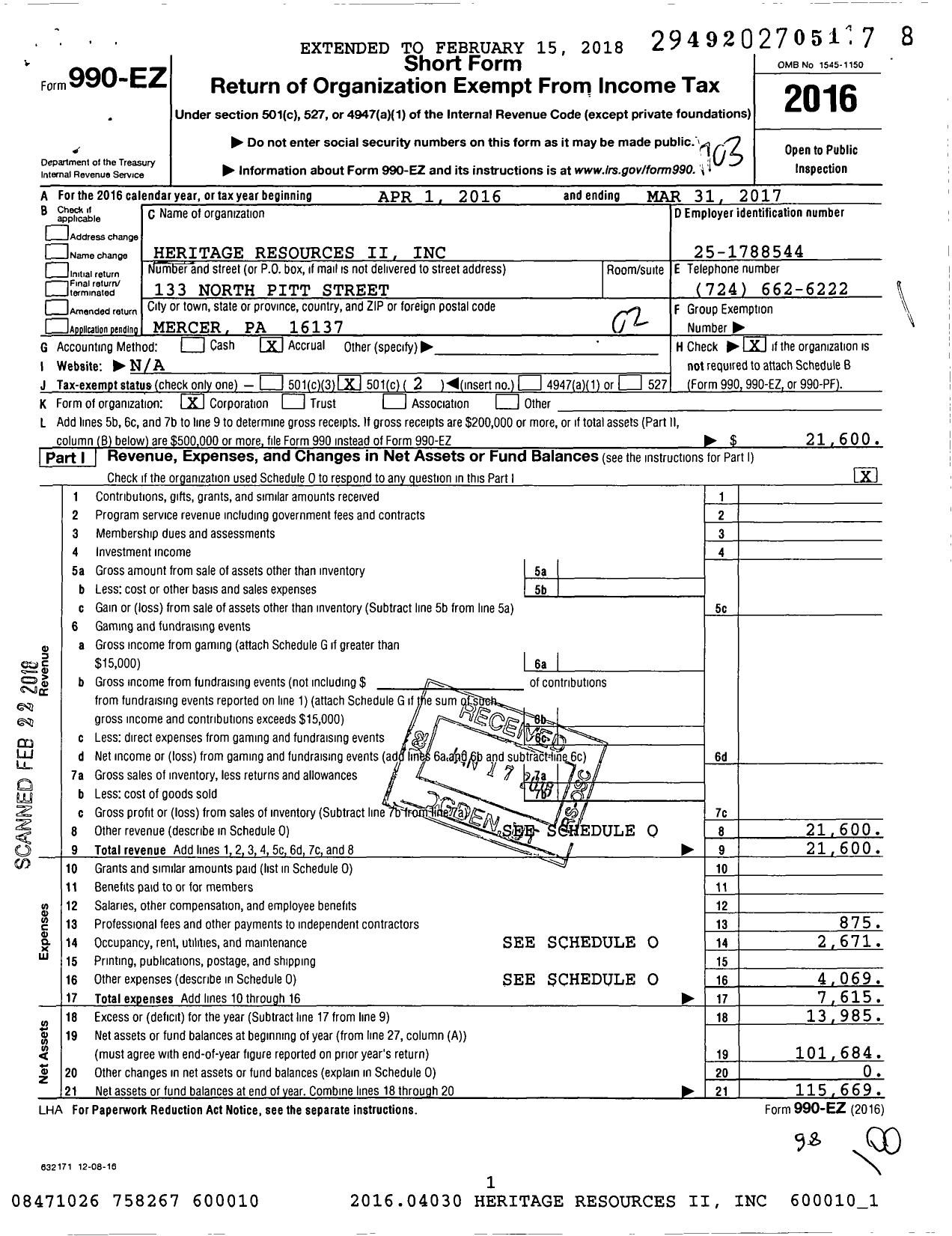 Image of first page of 2016 Form 990EO for Heritage Resources Ii