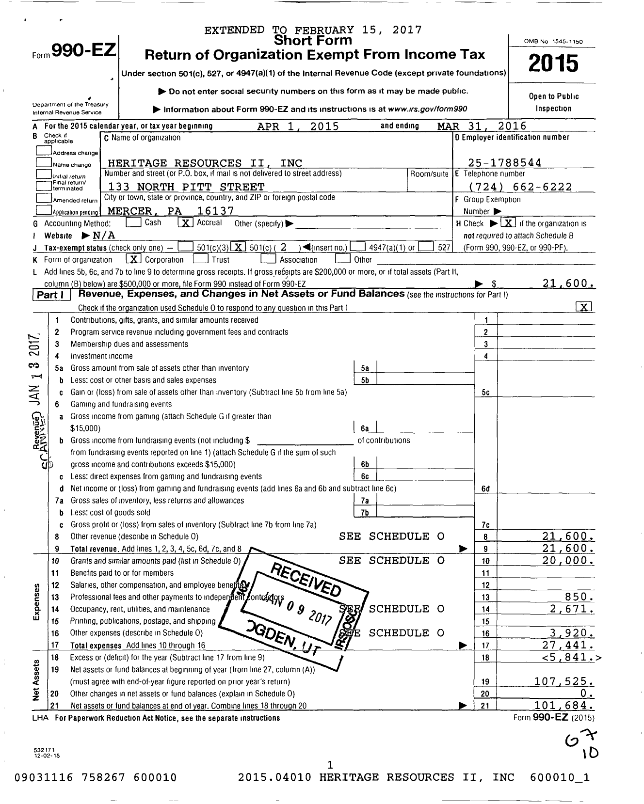 Image of first page of 2015 Form 990EO for Heritage Resources Ii