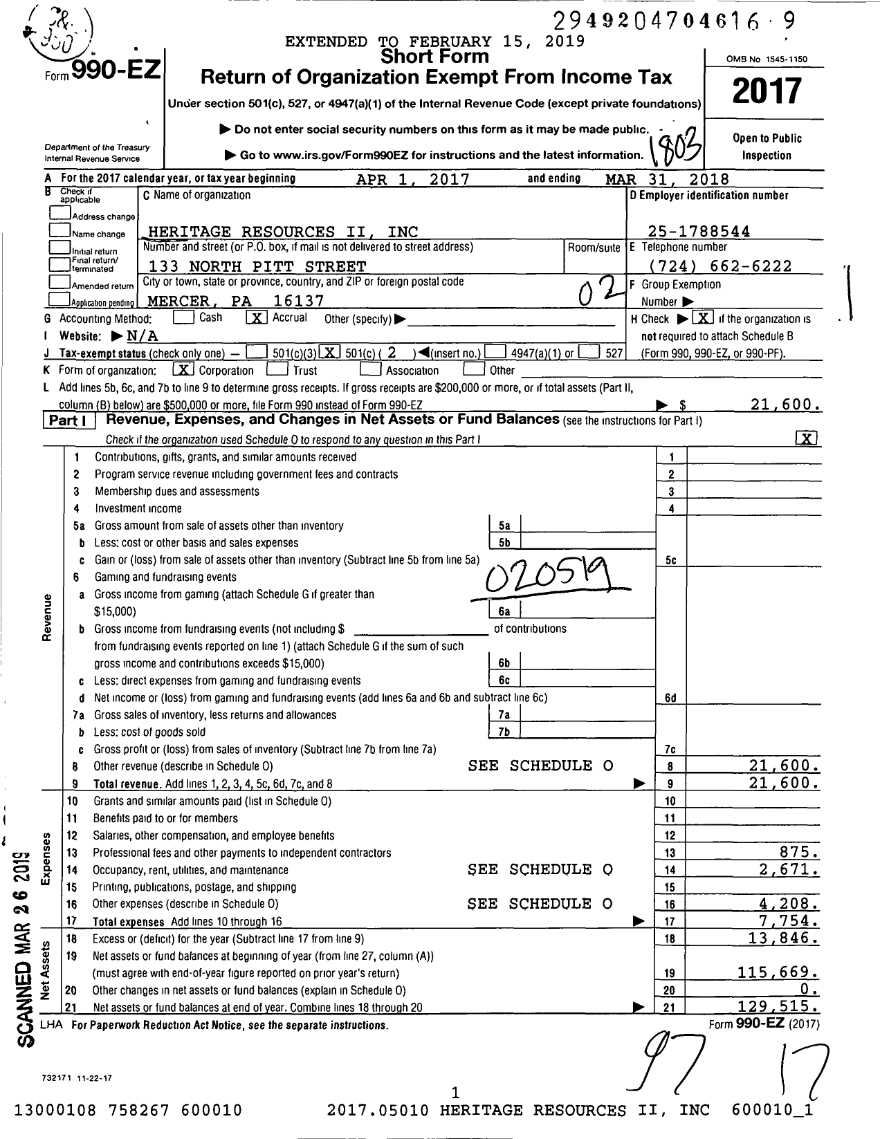 Image of first page of 2017 Form 990EO for Heritage Resources Ii