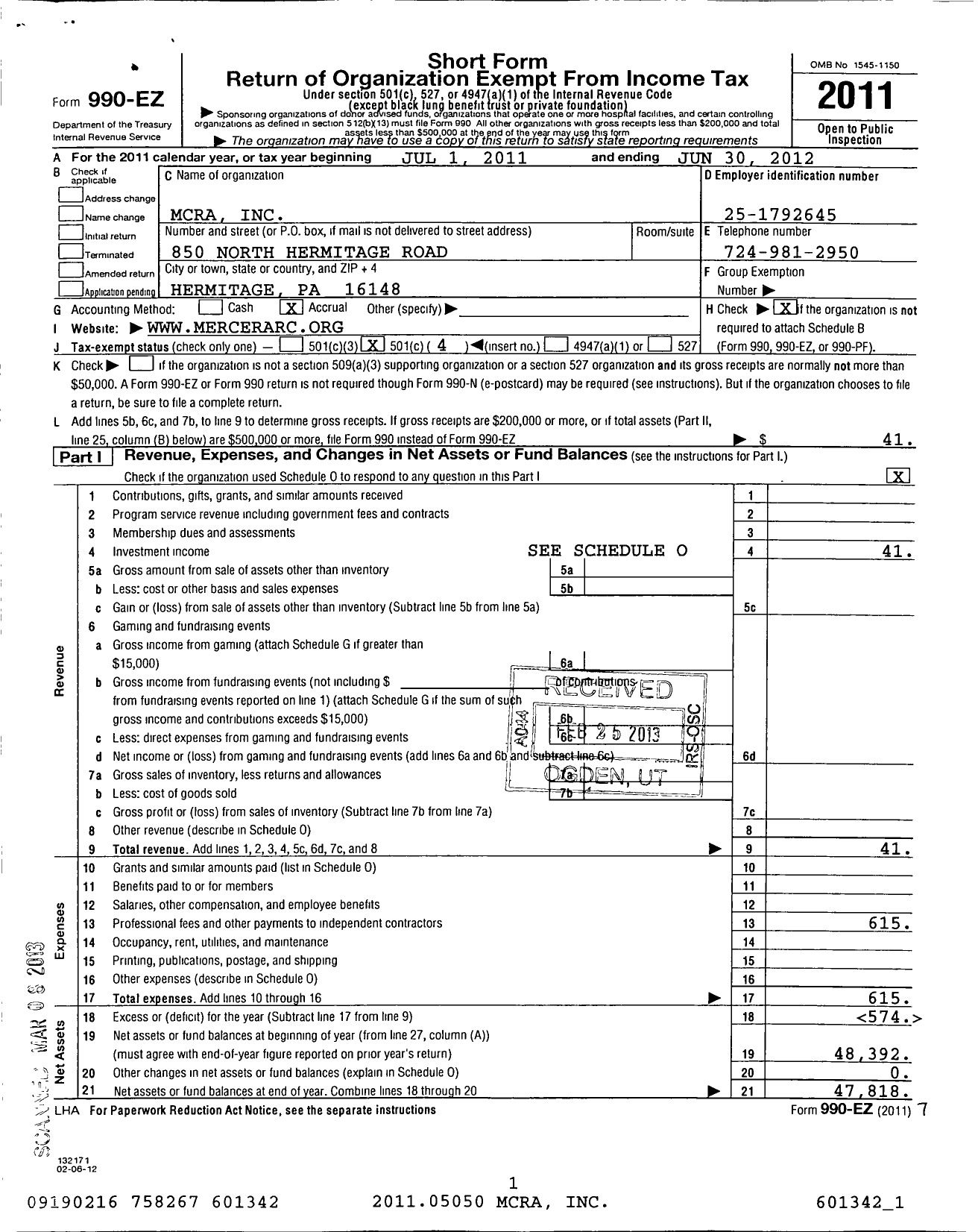 Image of first page of 2011 Form 990EO for Mcra