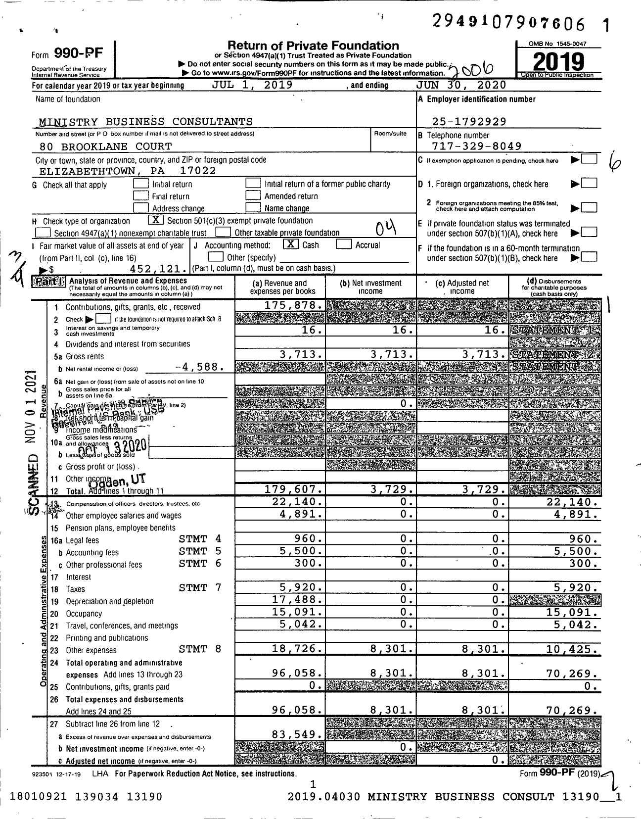 Image of first page of 2019 Form 990PF for Ministry Business Consultants