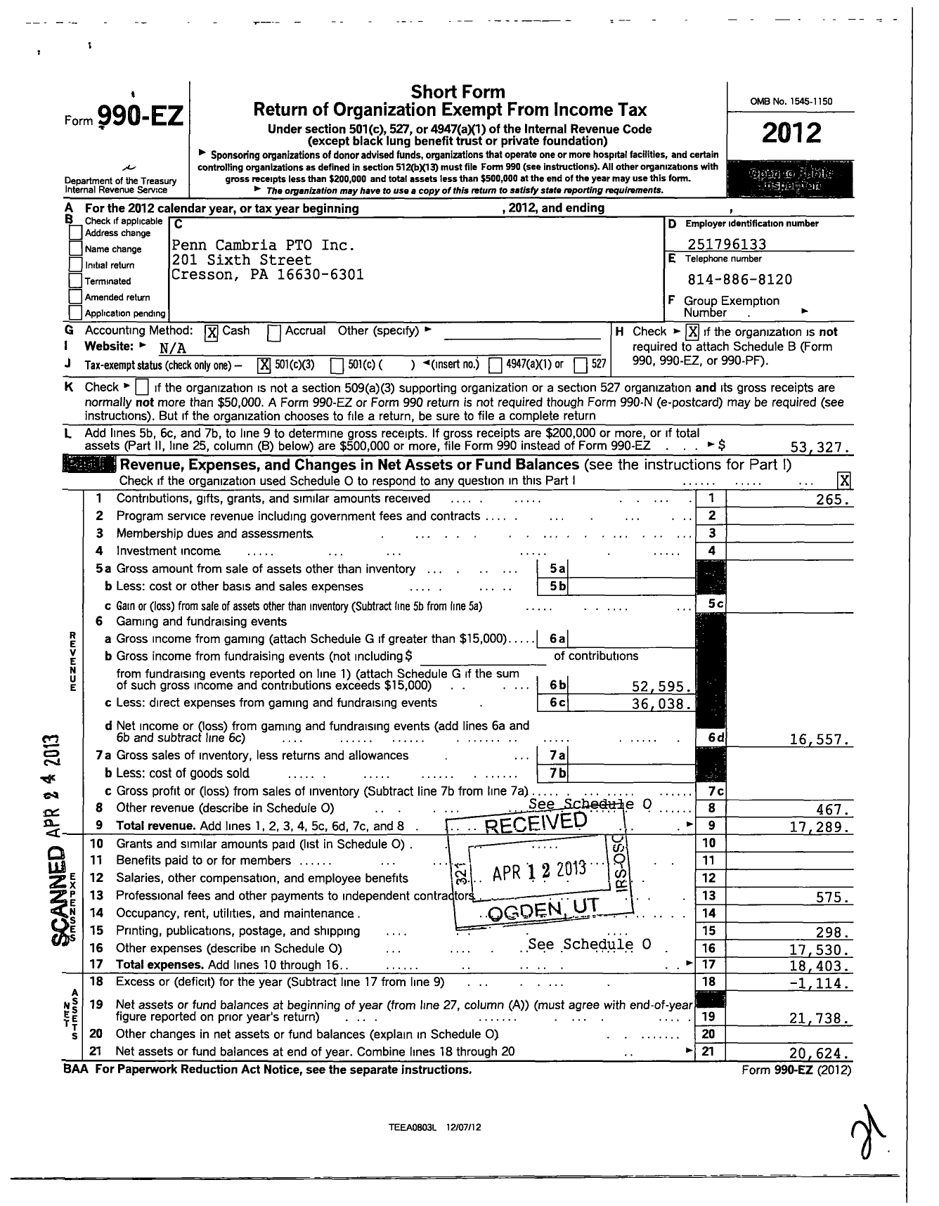 Image of first page of 2012 Form 990EZ for Penn Cambria PTO