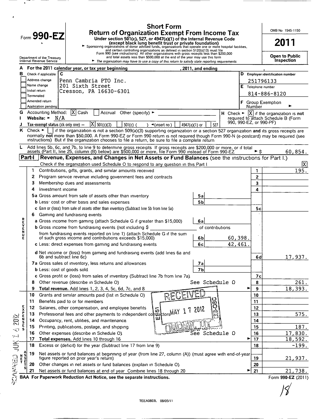 Image of first page of 2011 Form 990EZ for Penn Cambria PTO