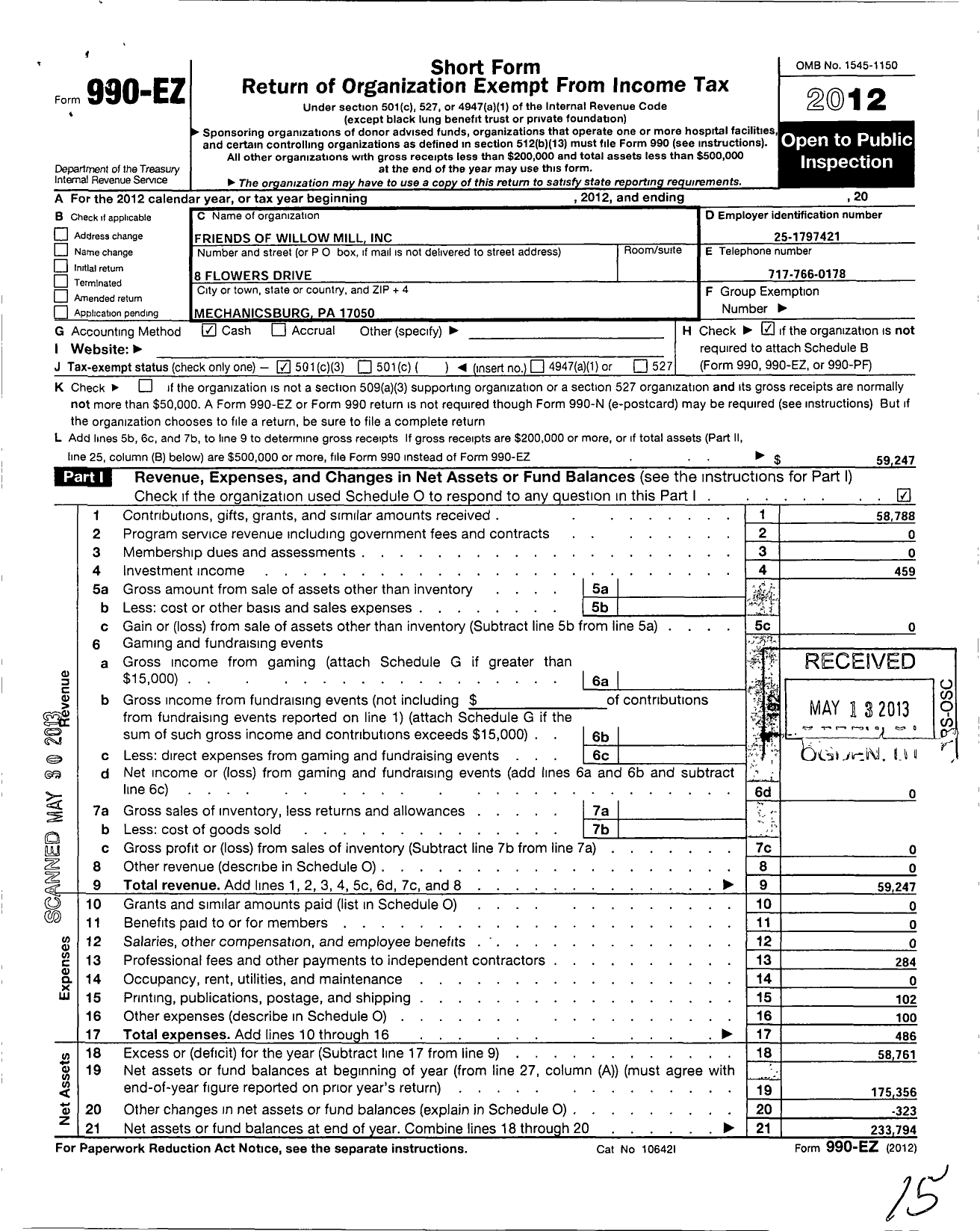 Image of first page of 2012 Form 990EZ for Friends of Willow Mill