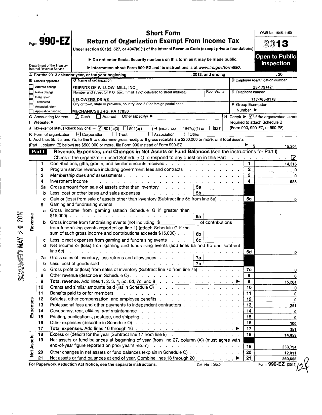 Image of first page of 2013 Form 990EZ for Friends of Willow Mill