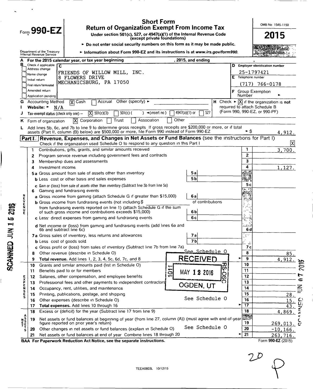 Image of first page of 2015 Form 990EZ for Friends of Willow Mill