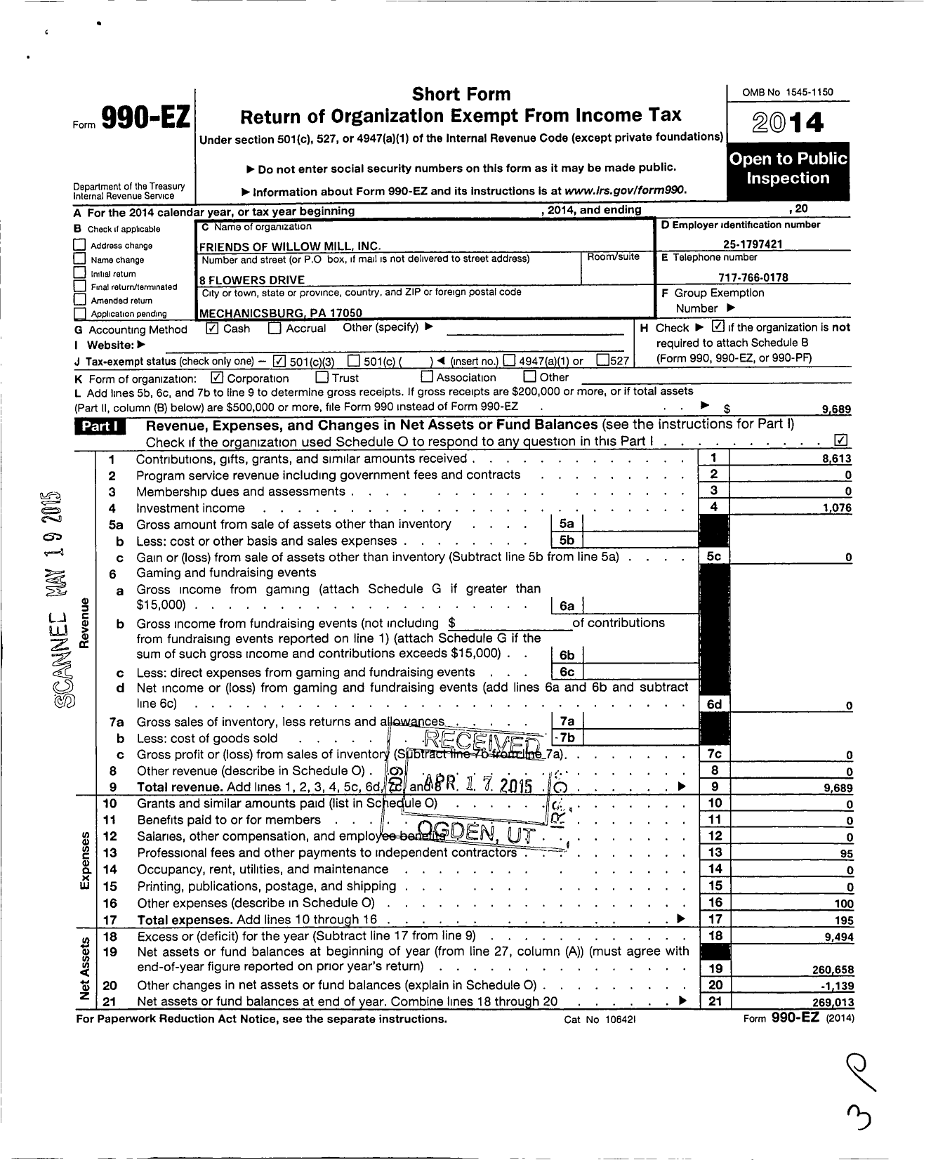 Image of first page of 2014 Form 990EZ for Friends of Willow Mill