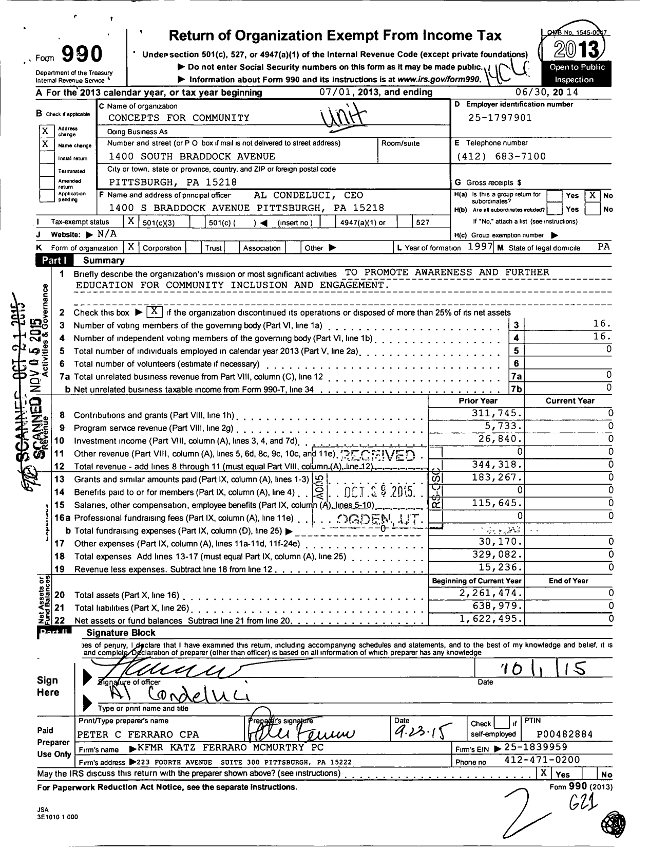 Image of first page of 2013 Form 990 for Concepts for Community