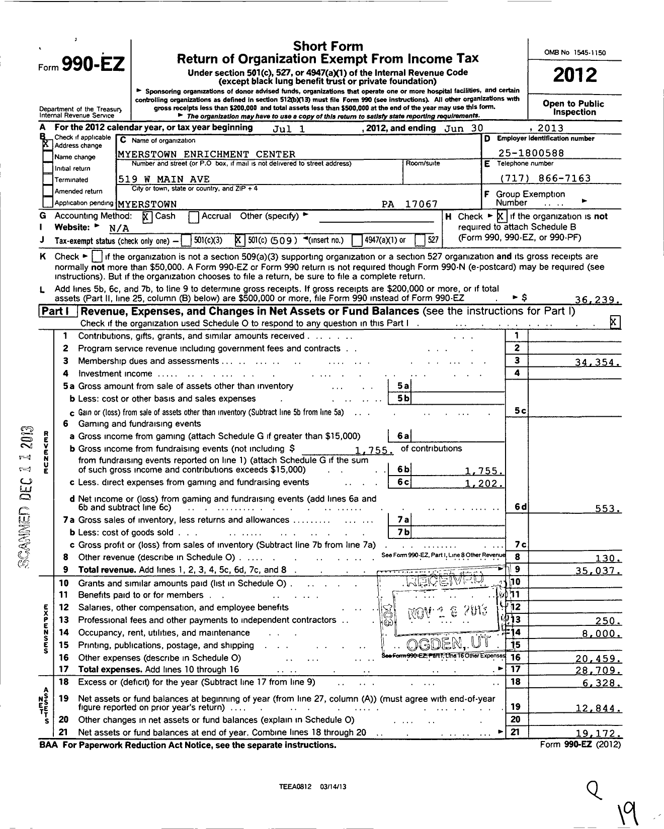 Image of first page of 2012 Form 990EO for Myerstown Enrichment Center