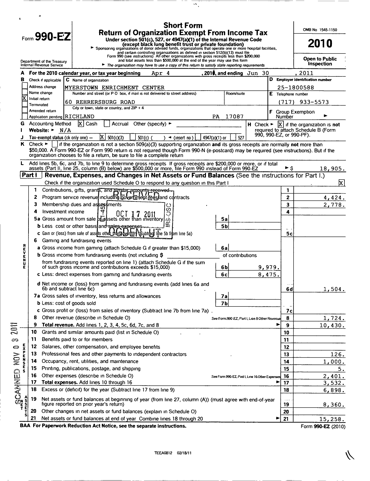 Image of first page of 2010 Form 990EZ for Myerstown Enrichment Center