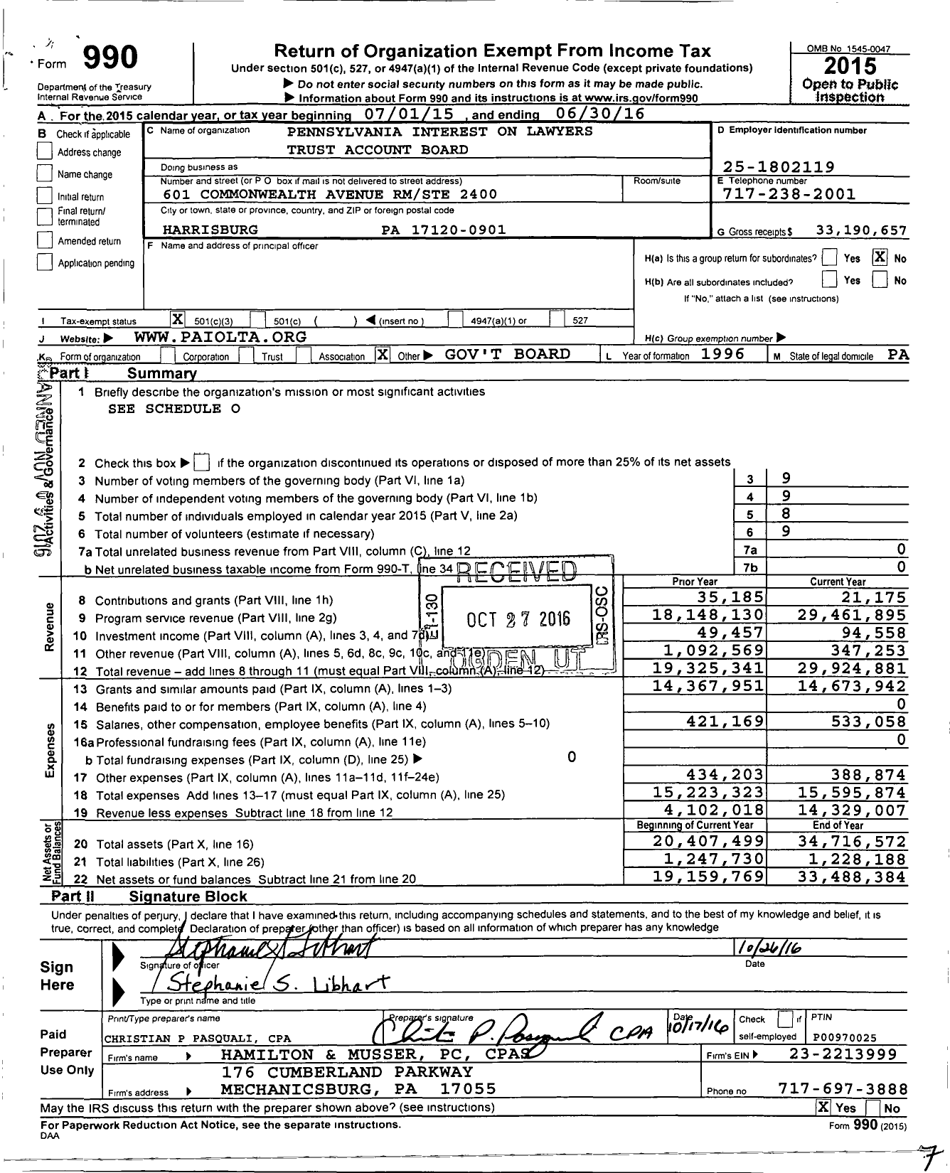 Image of first page of 2015 Form 990 for Pennsylvania Interest on Lawyers Trust Accounts Board