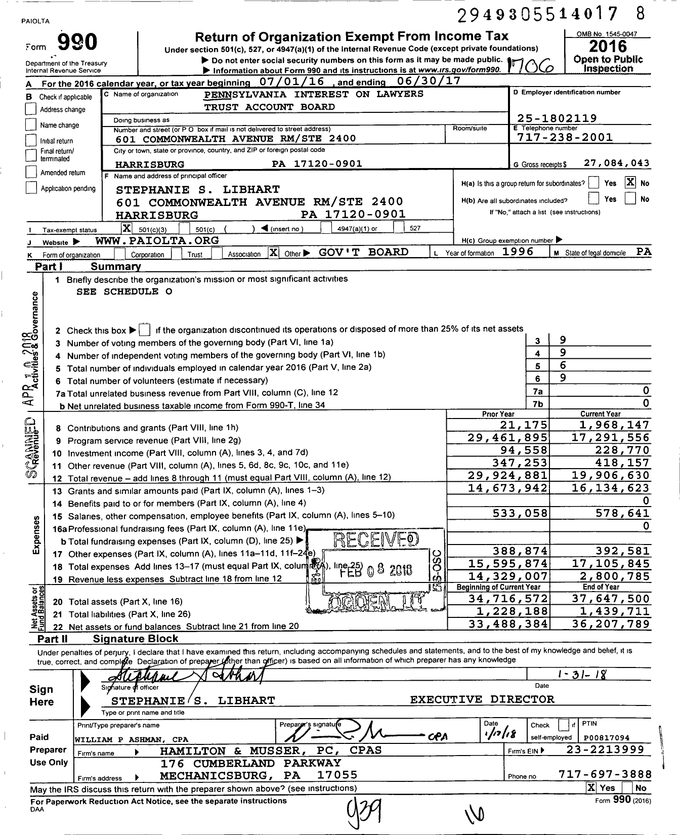 Image of first page of 2016 Form 990 for Pennsylvania Interest on Lawyers Trust Accounts Board