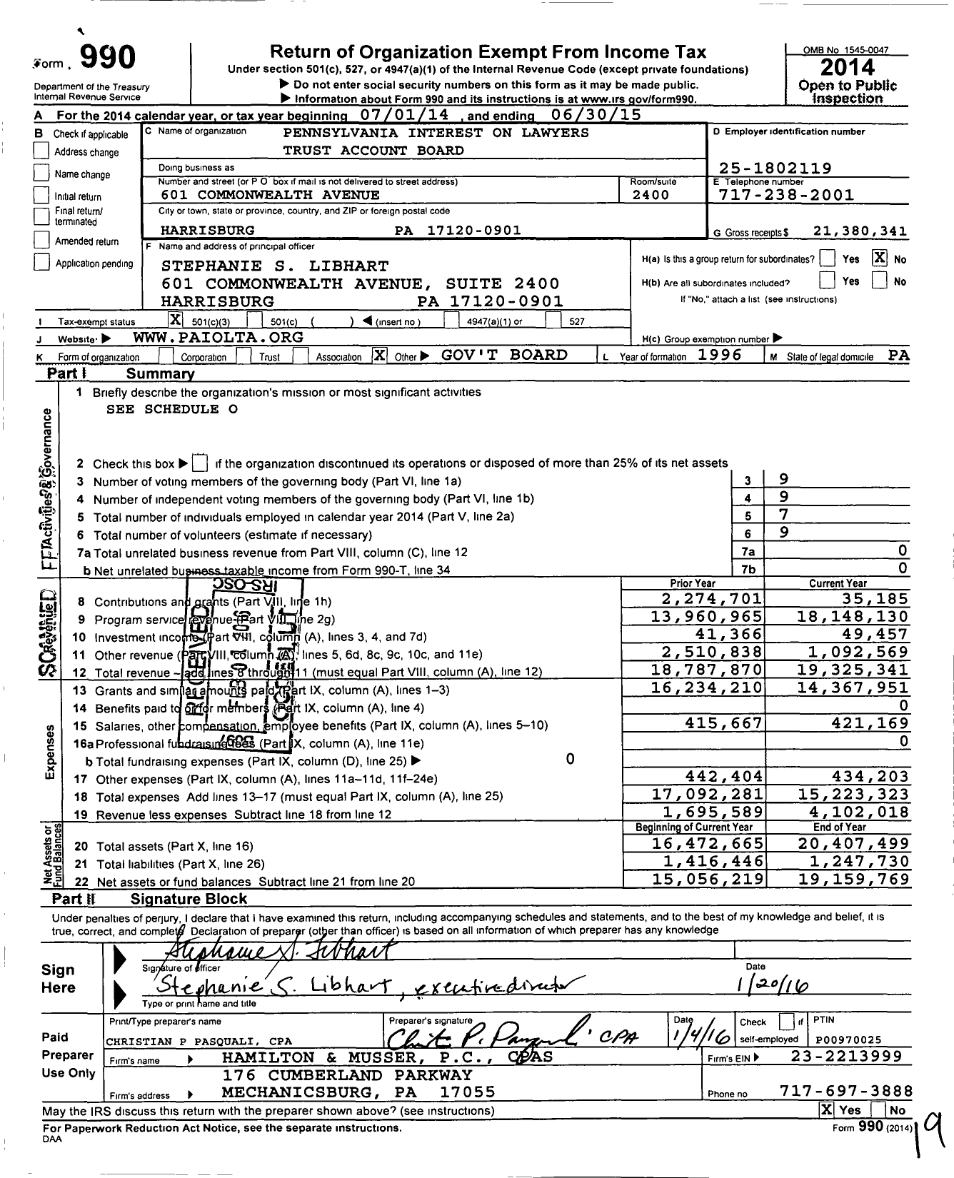 Image of first page of 2014 Form 990 for Pennsylvania Interest on Lawyers Trust Accounts Board