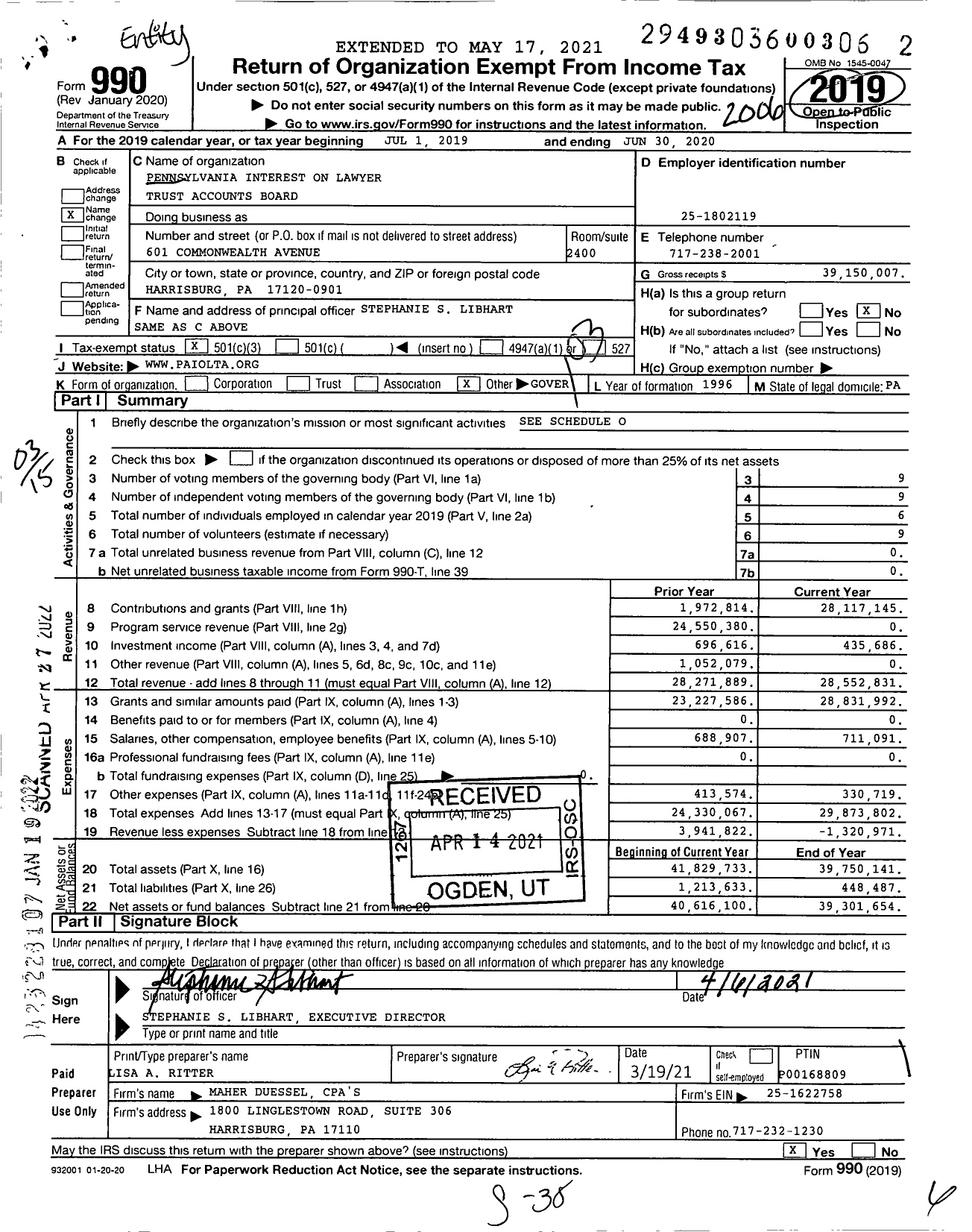 Image of first page of 2019 Form 990 for Pennsylvania Interest on Lawyers Trust Accounts Board