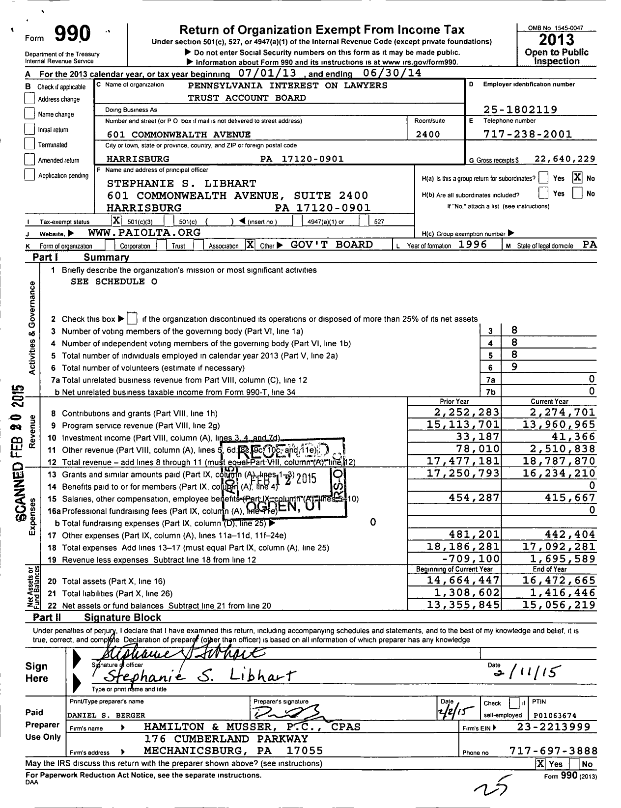 Image of first page of 2013 Form 990 for Pennsylvania Interest on Lawyers Trust Accounts Board