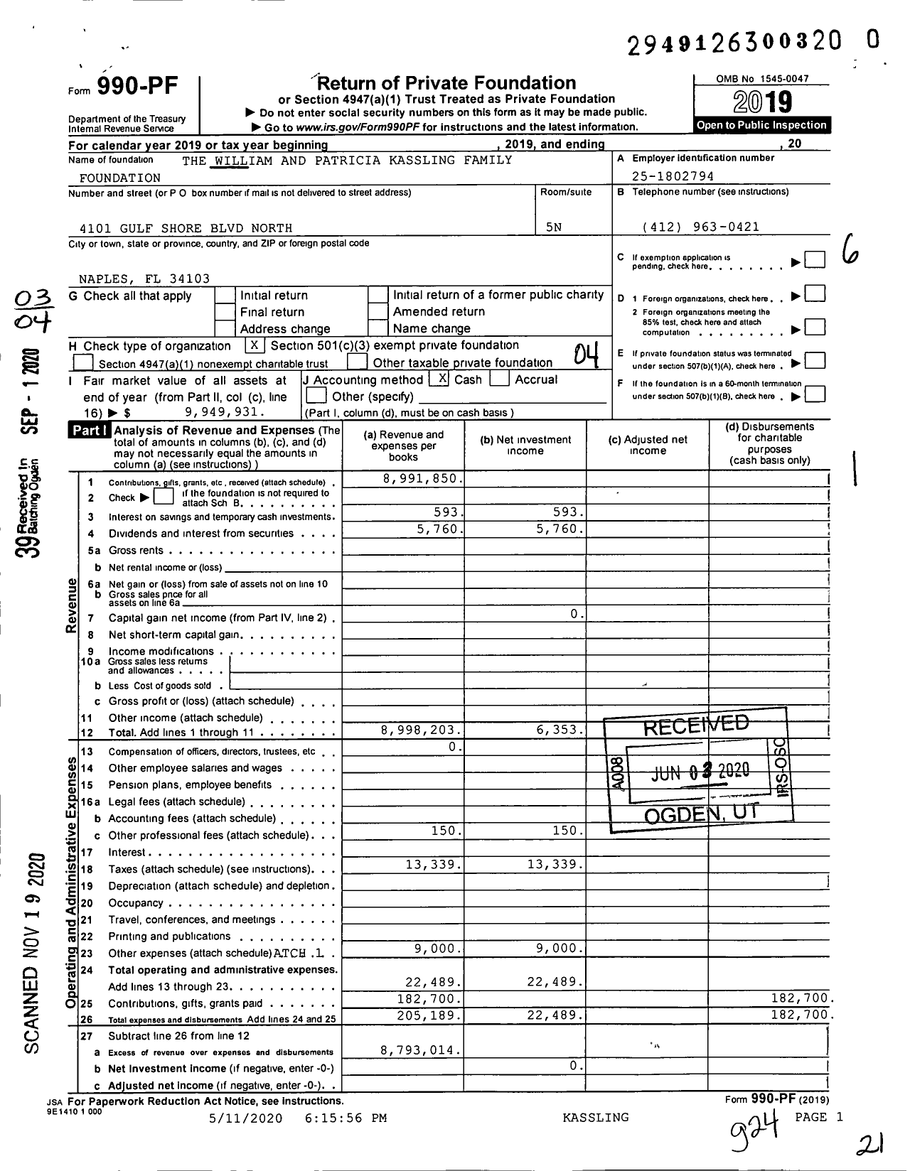 Image of first page of 2019 Form 990PF for The William and Patricia Kassling Family Foundation