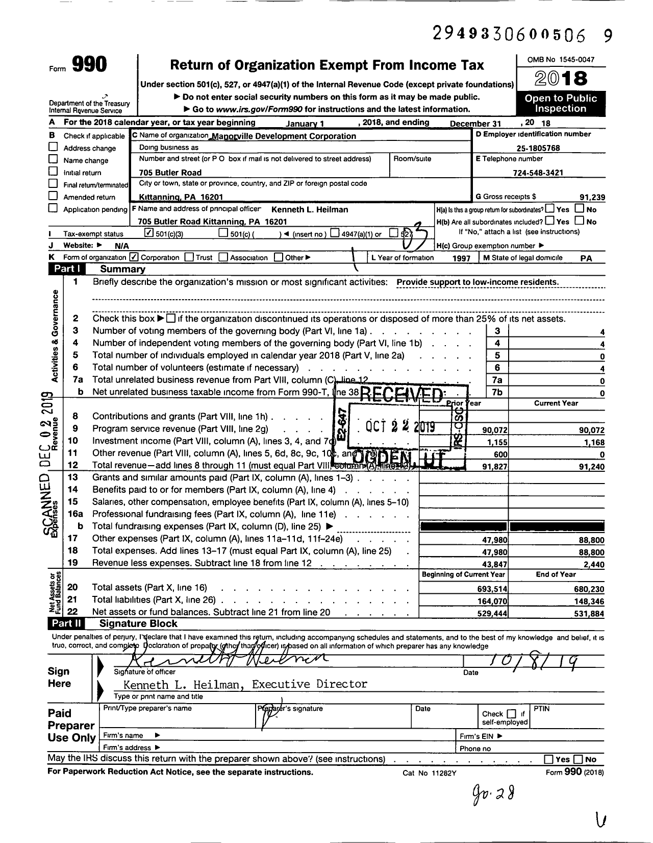 Image of first page of 2018 Form 990 for Manorville Development Corporation