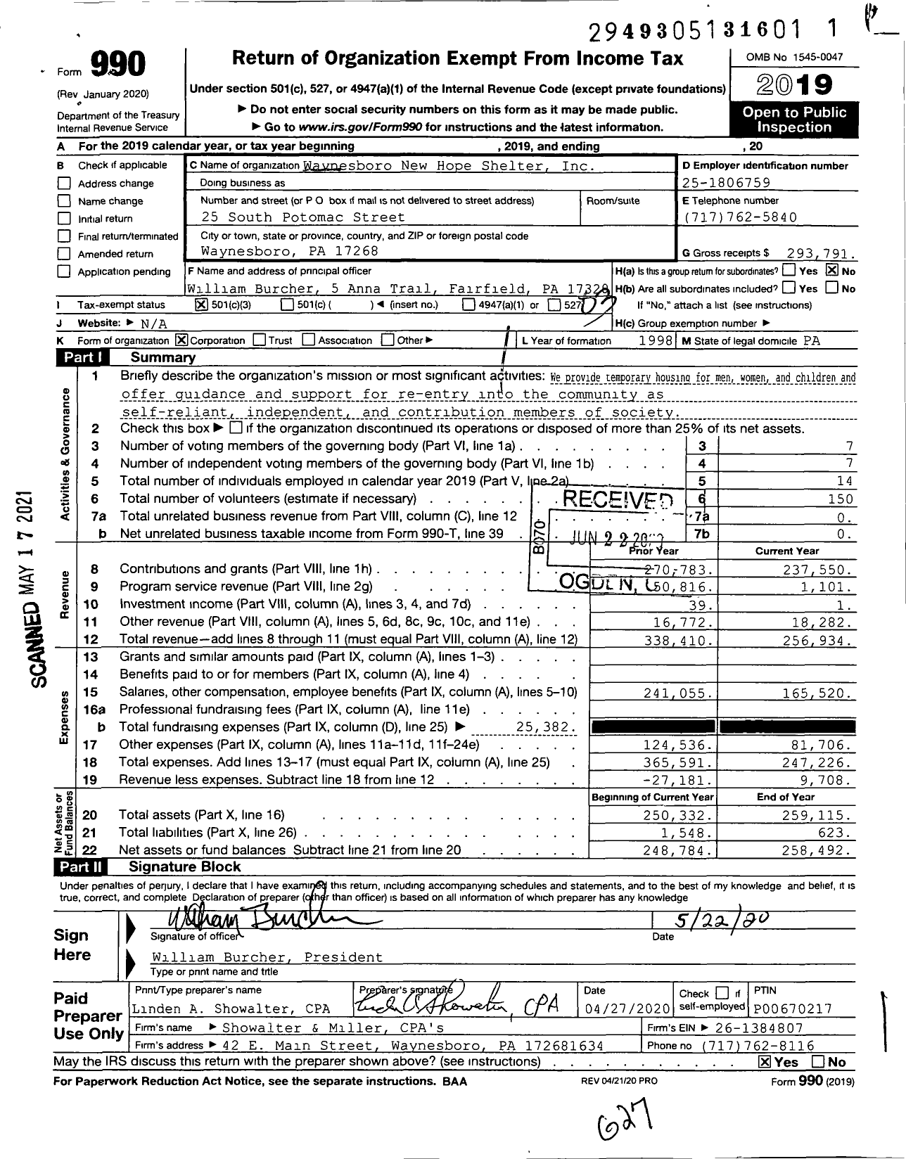 Image of first page of 2019 Form 990 for Waynesboro New Hope Shelter