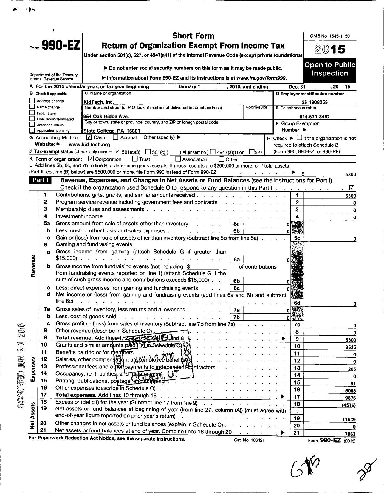 Image of first page of 2015 Form 990EZ for Kidtech Incorporated