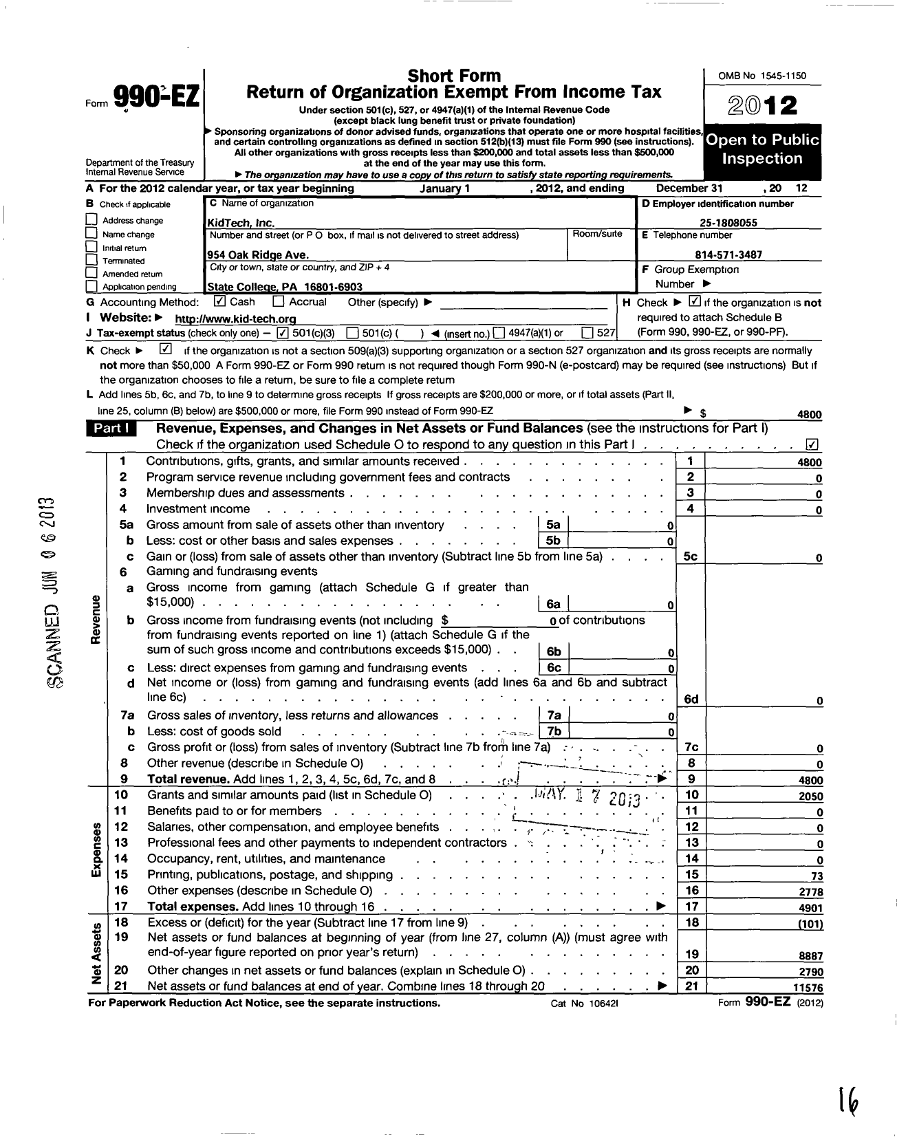 Image of first page of 2012 Form 990EZ for Kidtech Incorporated