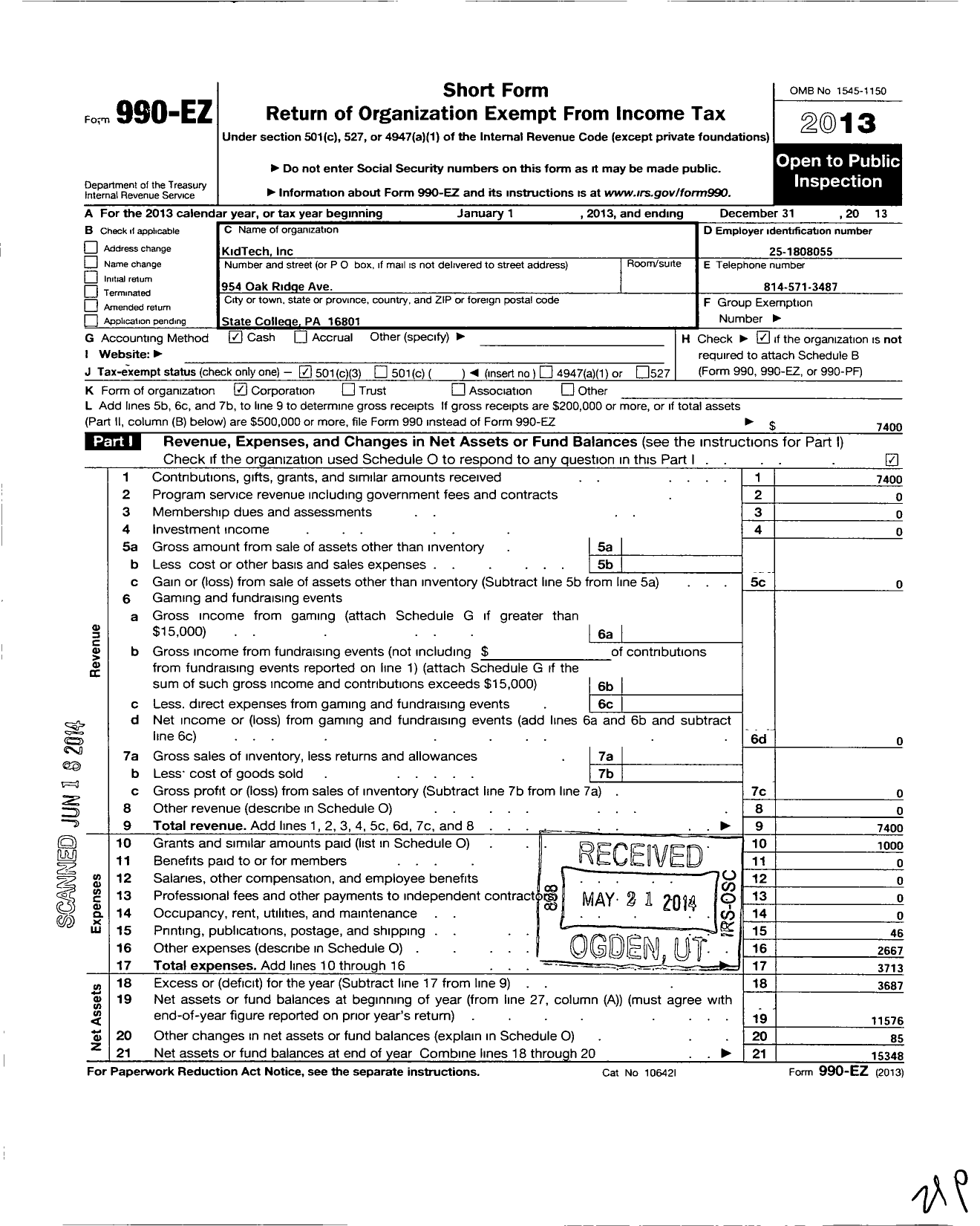 Image of first page of 2013 Form 990EZ for Kidtech Incorporated