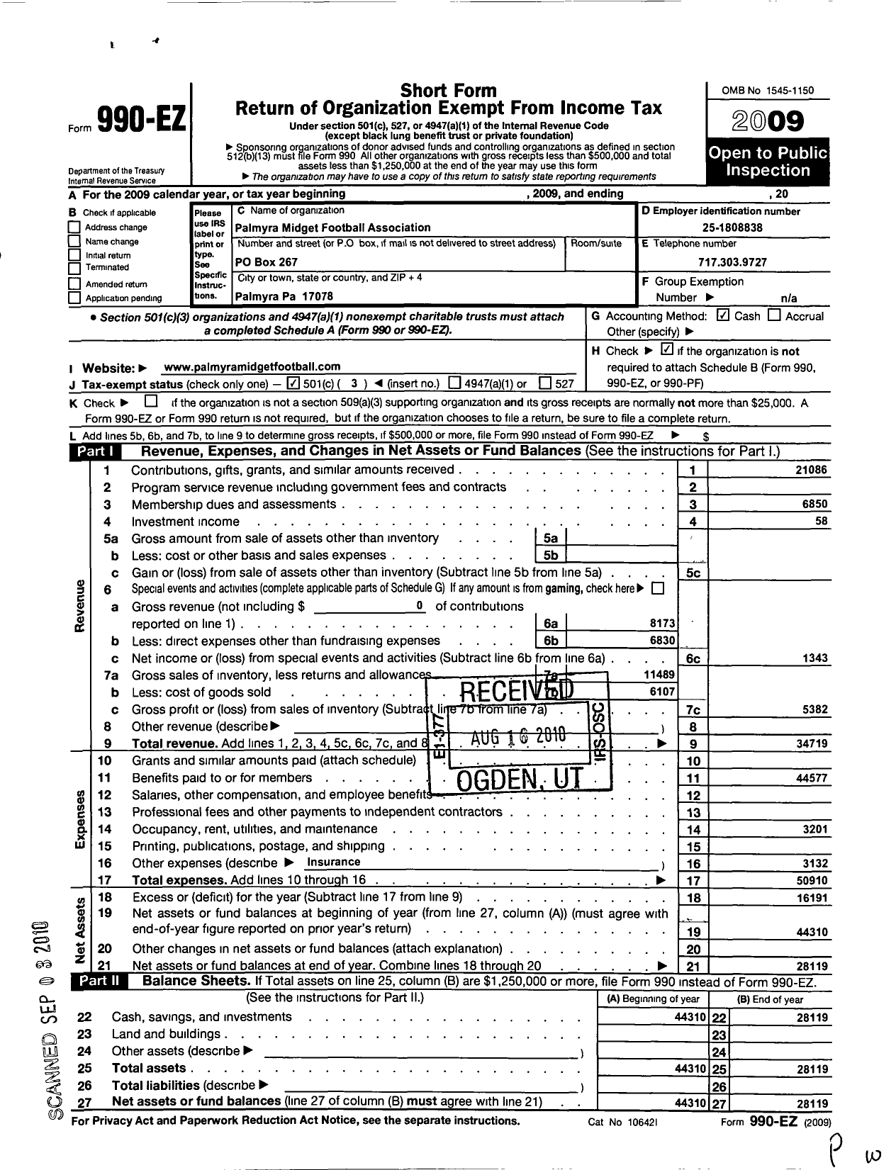 Image of first page of 2009 Form 990EZ for Palmyra Midget Football Association